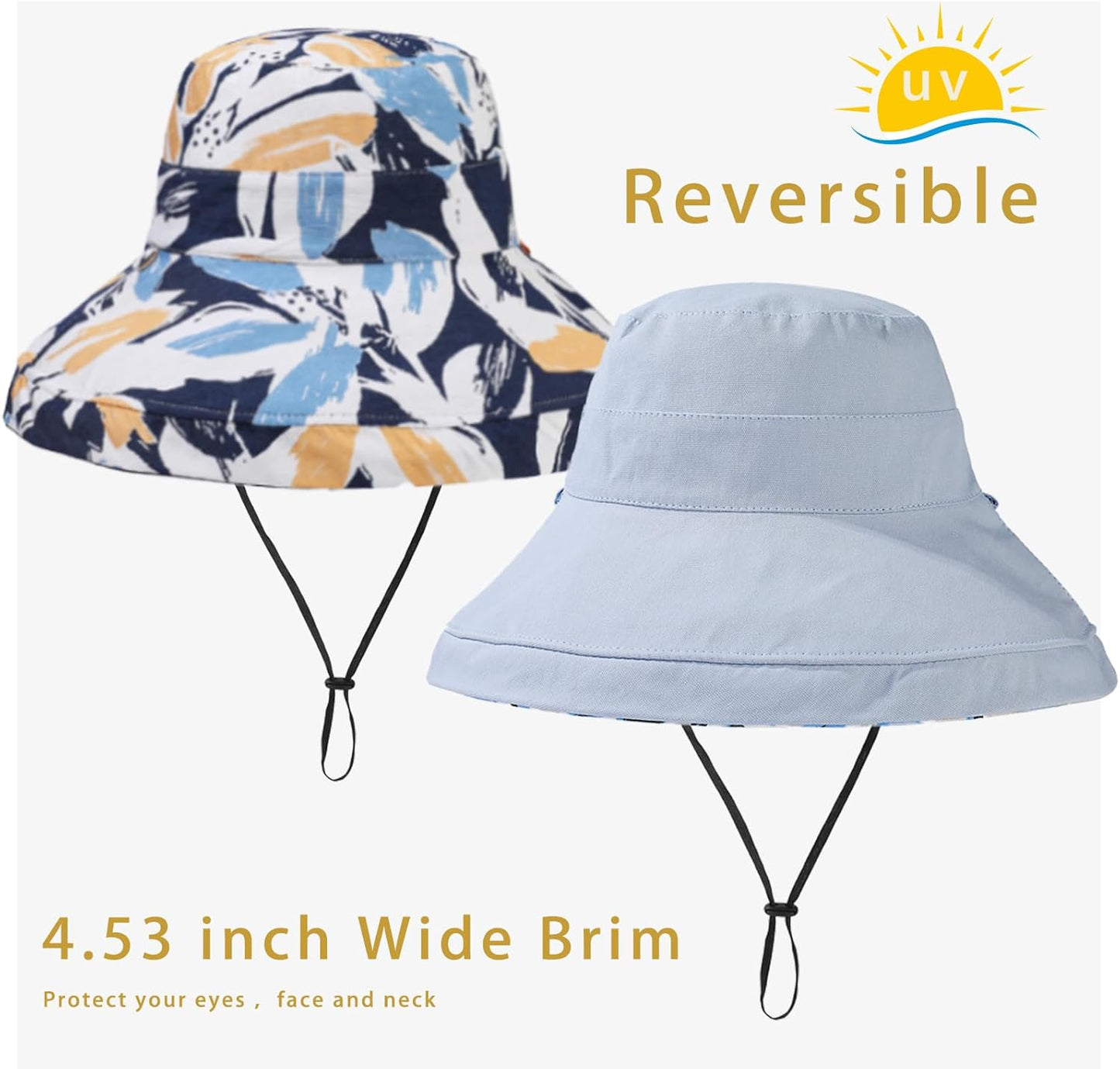vidsel Womens Sun Hats Wide Brim Reversible Bucket Cotton Hat Packable Summer Travel Cap with Hat Clip,UV Protection