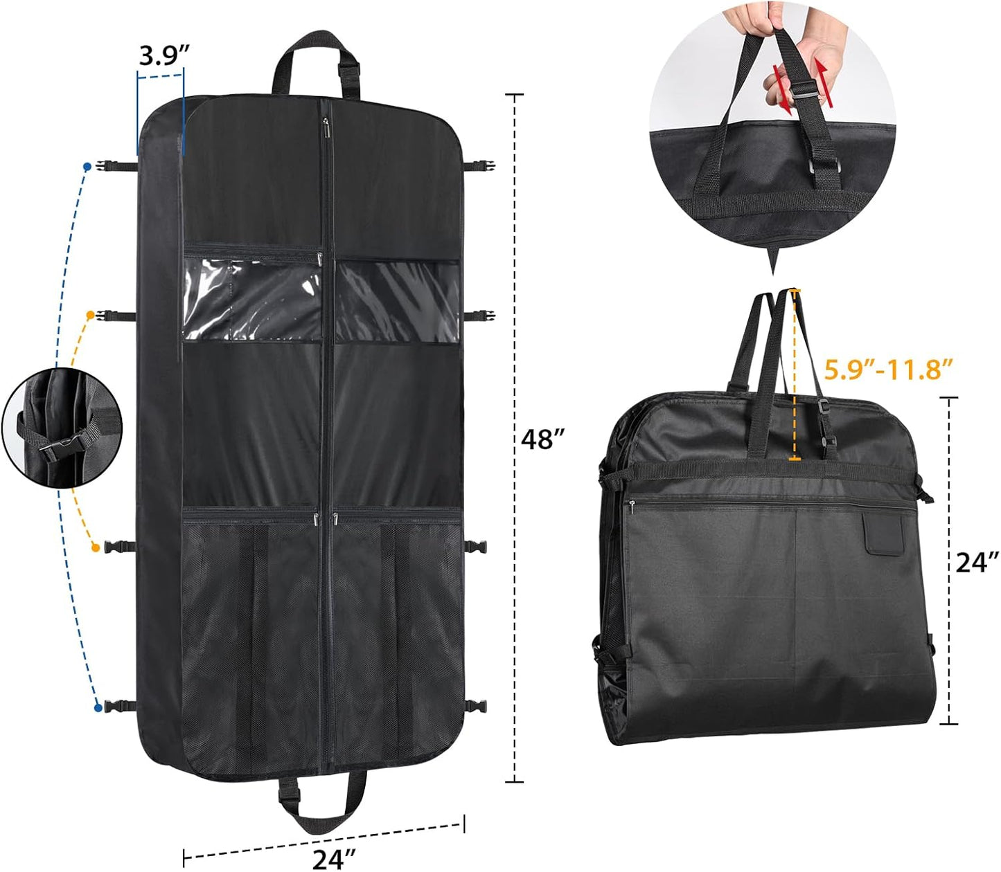 Zilink 48 Inch Garment Bags for Travel Heavy Duty Travel Suit Bag for Men Women with Buckles & Shoulder Strap Garment Bags for Hanging Clothes, Black