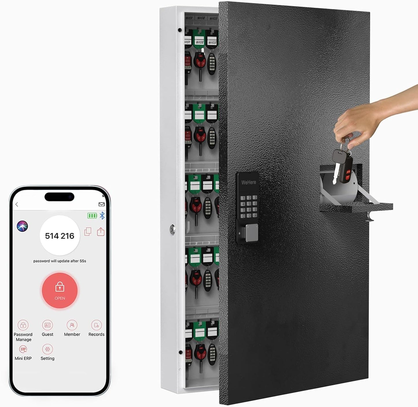 WeHere 104 Keys Lock Box Wall Mount with Key Drop Slot, APP Bluetooth/OTP/Wi-Fi/Fixed Code/Key Unlock, Smart Large Key Cabinet Key Return Box for Hotel,Car Dealerships,Realtors,Office