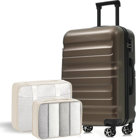 Merax 24 Inch Luggage Set Hardshell ABS Suitcase with Spinner Wheels 2 Packing Cubes Durable Travel Checked Luggage for Weekend Getaways Long Vacations Brown