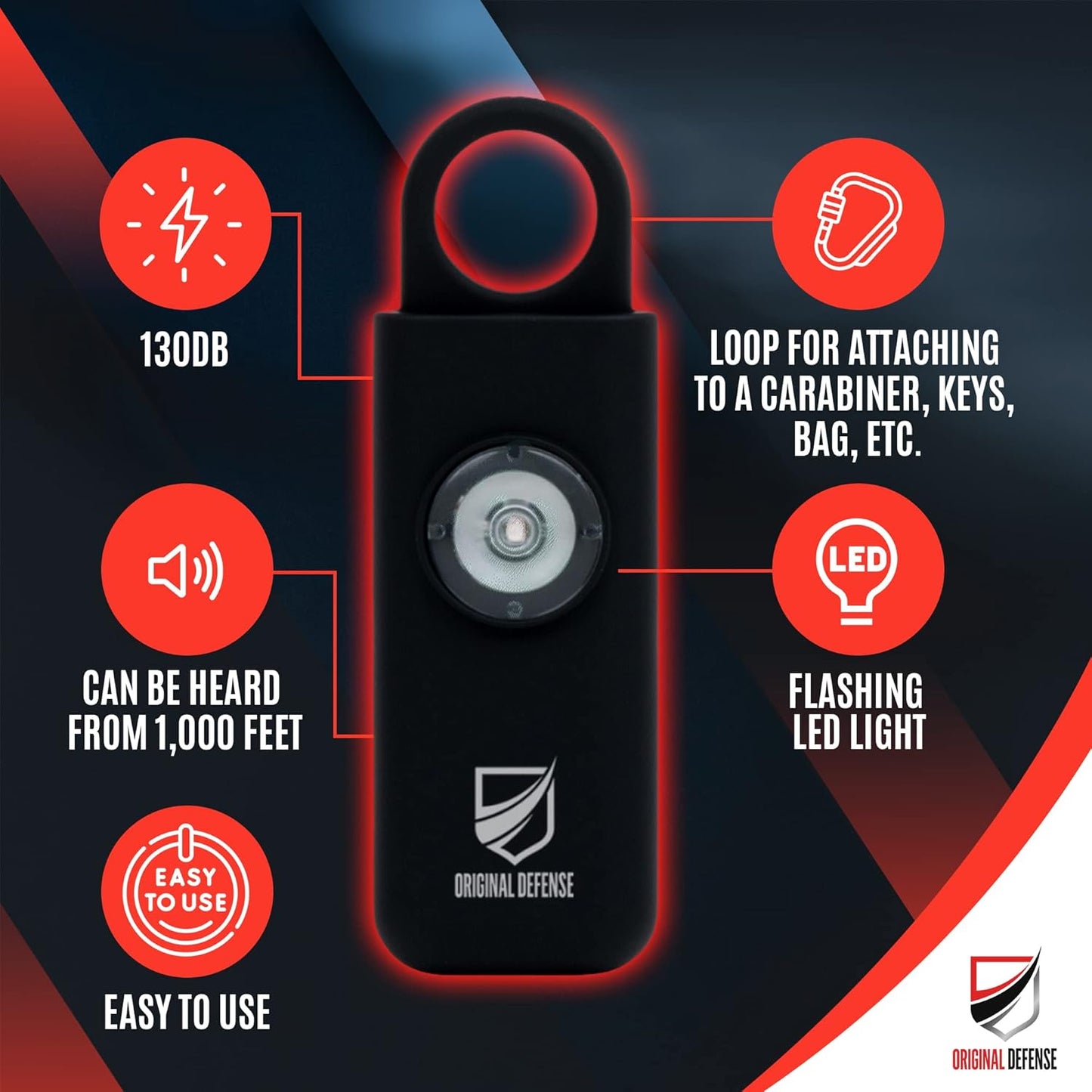 Original Defense® Siren Self-Defense Alarm (Black) - 130 dB Keychain Alarm with LED Strobe Light for Women, Children, and Elderly - Police Recommended