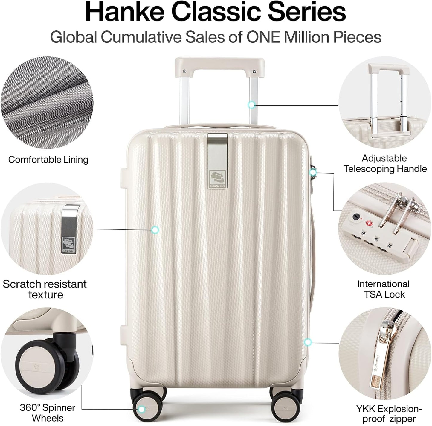 Hanke 20 Inch Carry On Luggage 22x14x9 Airline Approved Lightweight PC Hard Shell Suitcases with Wheels Travel Luggage Rolling Suitcase Travel Luggage Bag Christmas Gifts for Birthday(Ivory White)