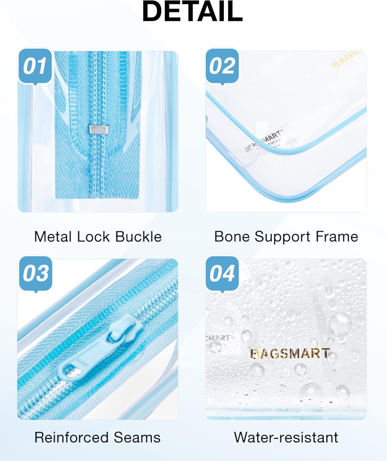 BAGSMART Clear Toiletry Bag, 2 Pack TSA Approved Travel Toiletry bag Carry on Travel Accessories Bag Airport Airline Quart Size Bags Water Repellent Makeup Cosmetic Bag for Women (Blue-2Pcs)