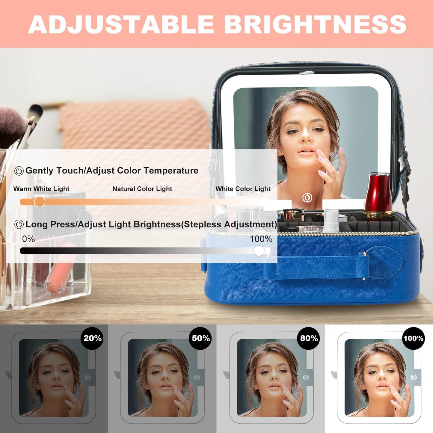 Mocado Travel Makeup Bag with LED Lighted Mirror,Travel Makeup Organizer,Makeup Case with 3 Color Lighted Setting and 10x Magnifying Mirror,Portable Storage and Adjustable Dividers Makeup Box(Blue)