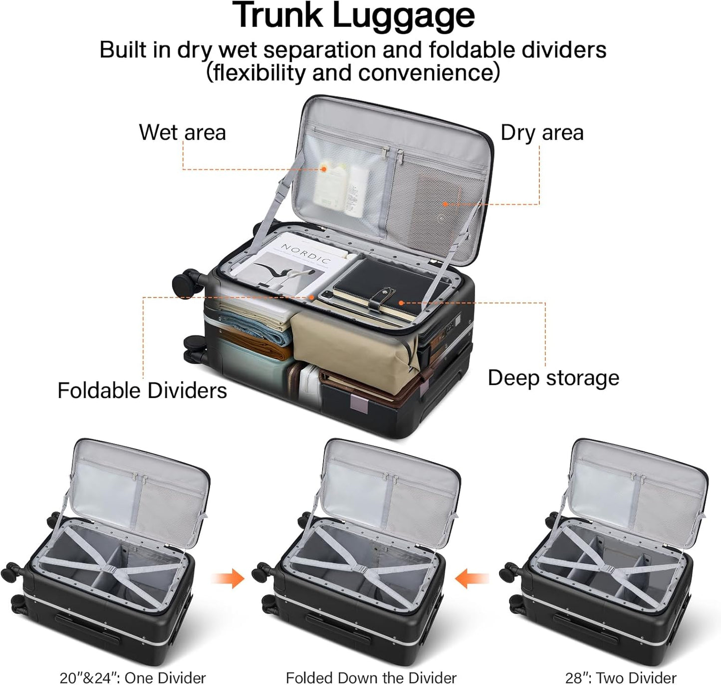 Hanke 28 Inch Luggage with Cup Holder and Charge,Top Opening Hard Shell Suitcases with Wheels and Dividers,Aluminum Frame Trunk Luggage Extra Large Suitcase with Lock for Travel，Jet Black