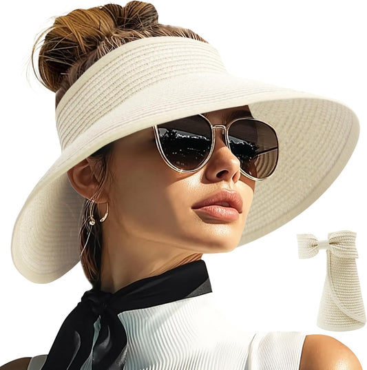 PFFY Sun Hats for Women Straw Beach Hat Packable Foldable Wide Brim Ponytail Travel Visor