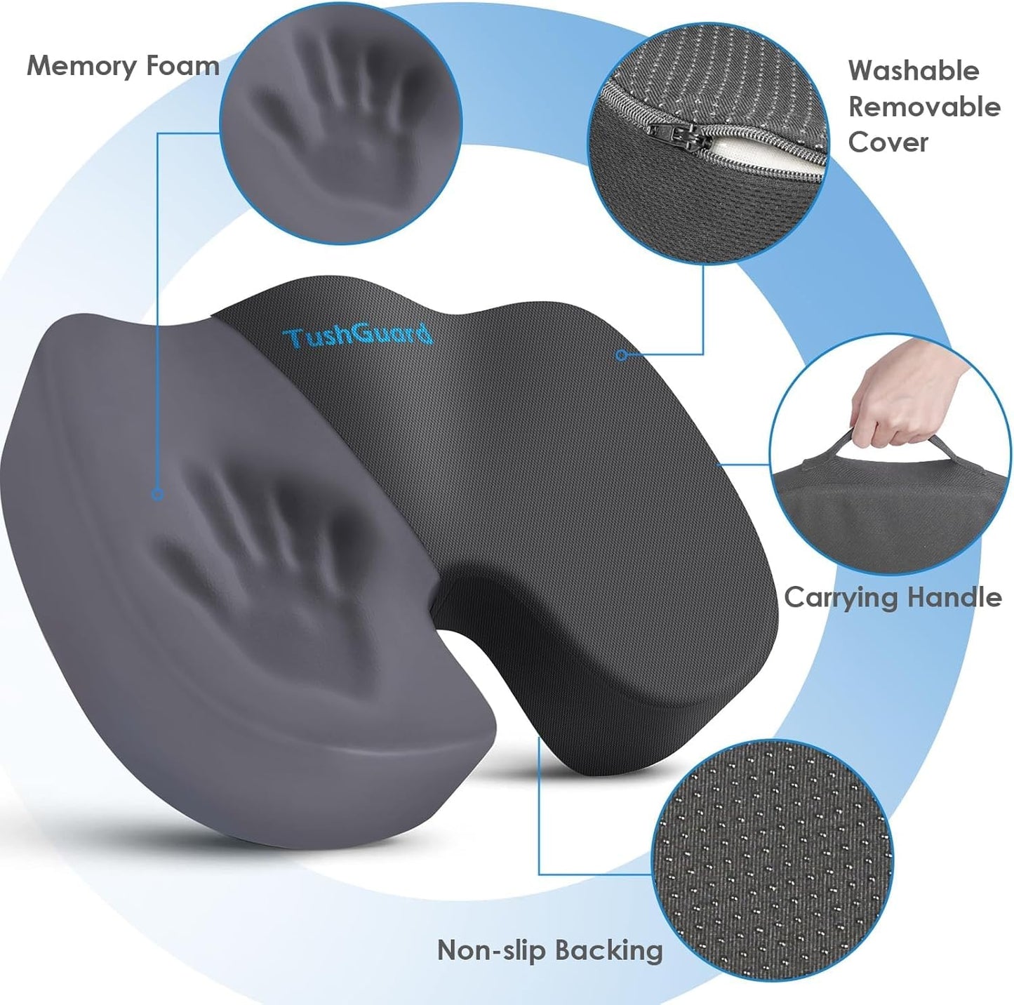 TushGuard Seat Cushion for Office Chair Memory Foam Non-Slip Desk Seat Cushion Back, Coccyx, Sciatica, Tailbone Pain Relief Butt Pillow for Office Chair, Car, Wheelchair, Grey