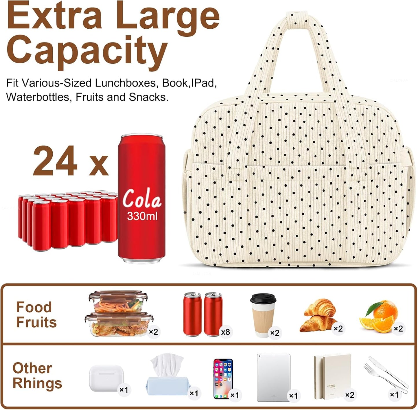 Corduroy Lunch Box Lunch Bag for Women Adults Men, Cute Insulated Work Reusable Leakproof Simple Large Lunch Boxes Tote Bag Adults Cooler Bag, with Shoulder Strap