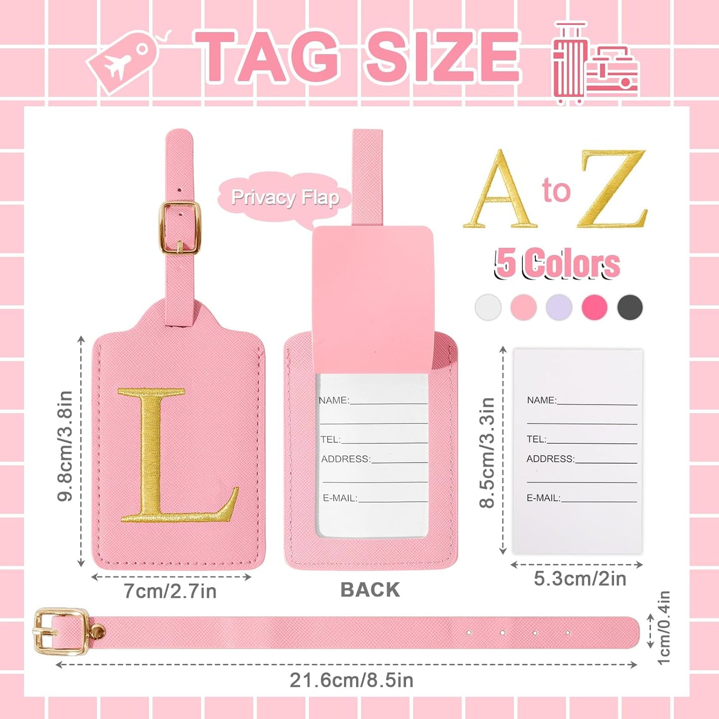 Personalized Initial Luggage Tags for Suitcase, Pink Leather Cute Luggage Tags with Privacy Cover Name Card, Embroidered Custom Monogrammed Luggage Tag Travel Bag Baggage Tags Gifts for Women Kids(L)