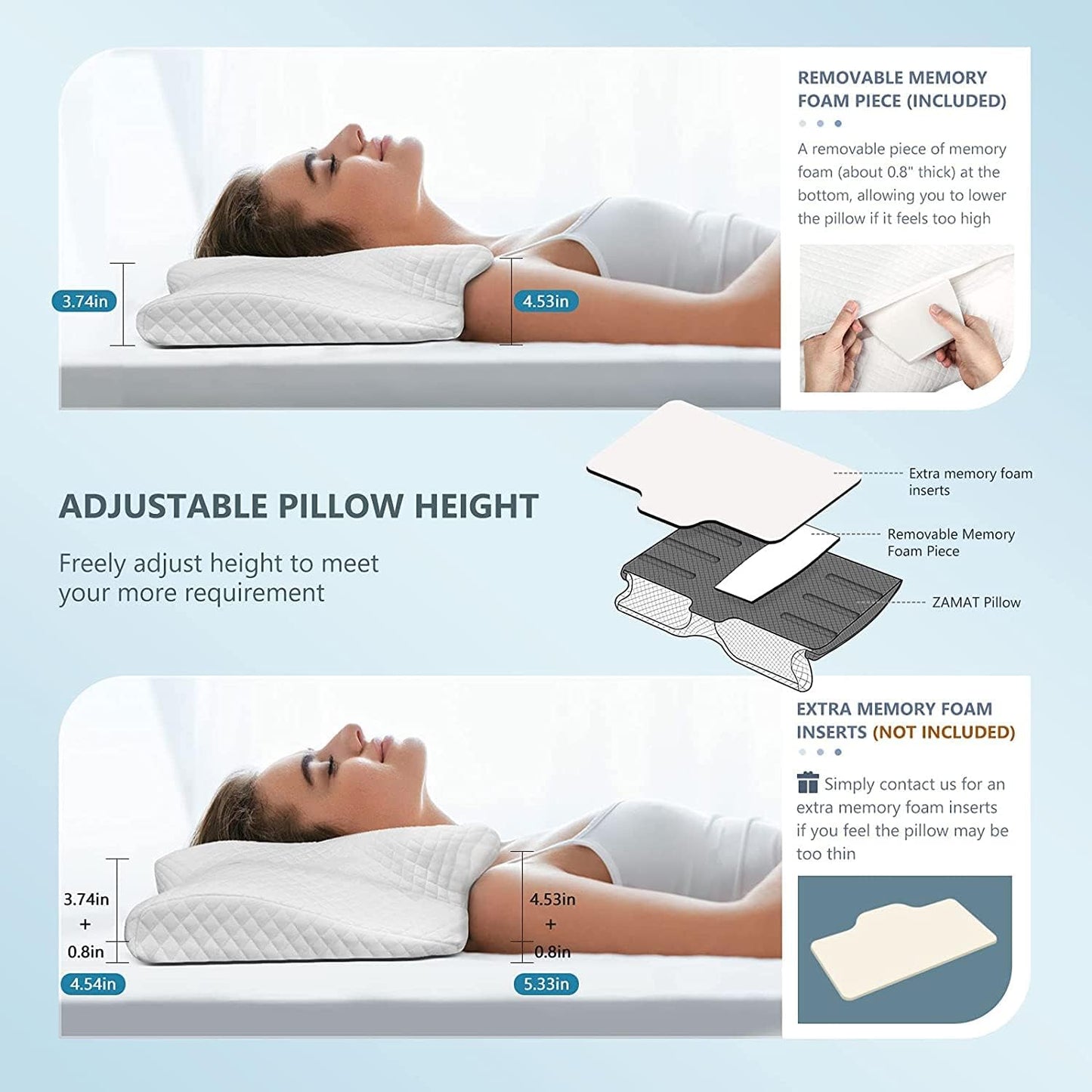 ZAMAT Adjustable Cervical Memory Foam Pillow, Odorless Neck Pillows for Pain Relief, Orthopedic Pillows for Sleeping with Cooling Pillowcase, Bed Support Pillow for Side, Back, Stomach Sleeper