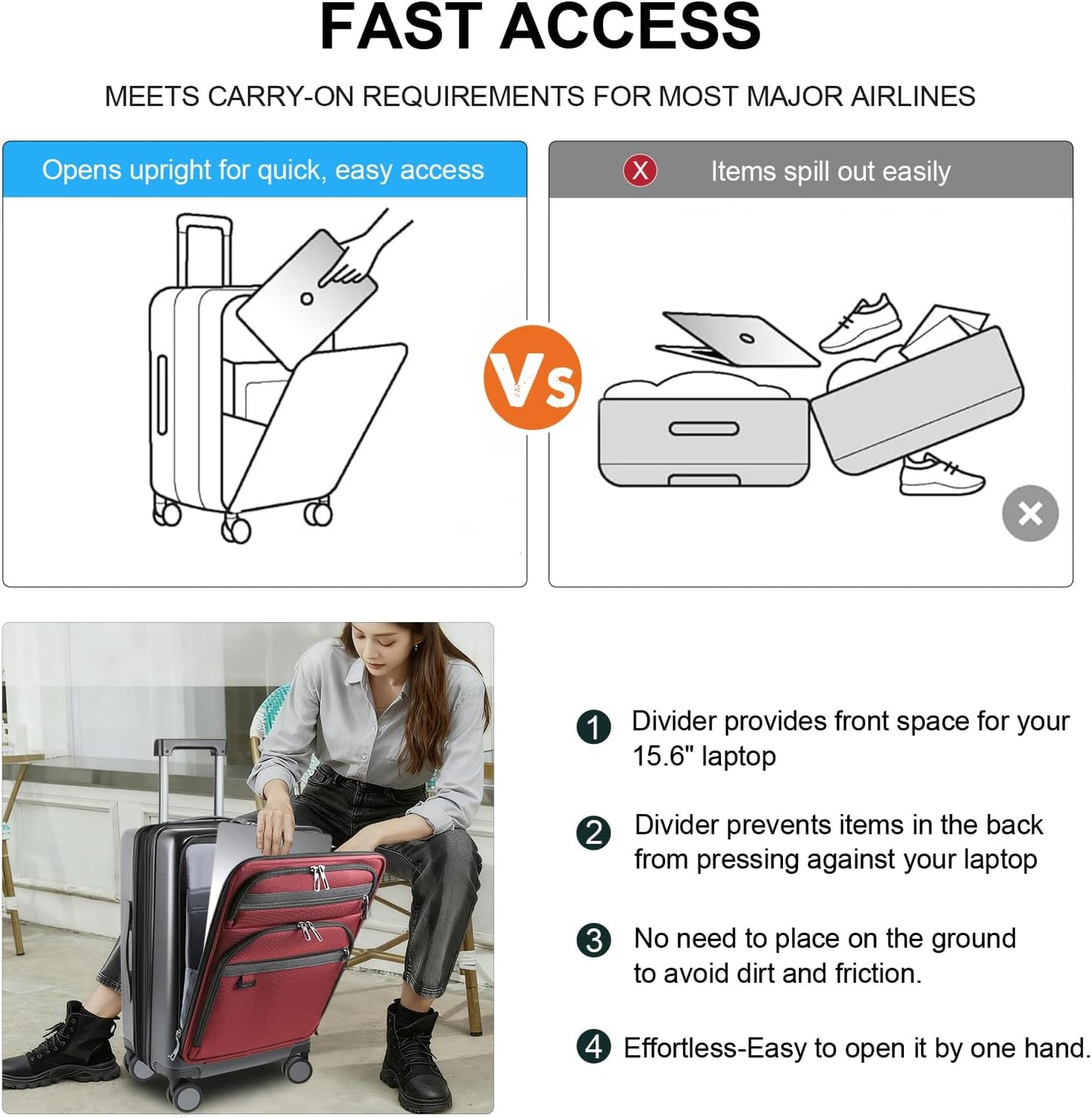 KROSER Hardside Expandable Carry On Luggage 22x14x9 Airline Approved With Front Business Pockets, 20 Inch Suitcases with Wheels, Carry on Suitcase with TSA Lock & USB Port, Black-Dark Red
