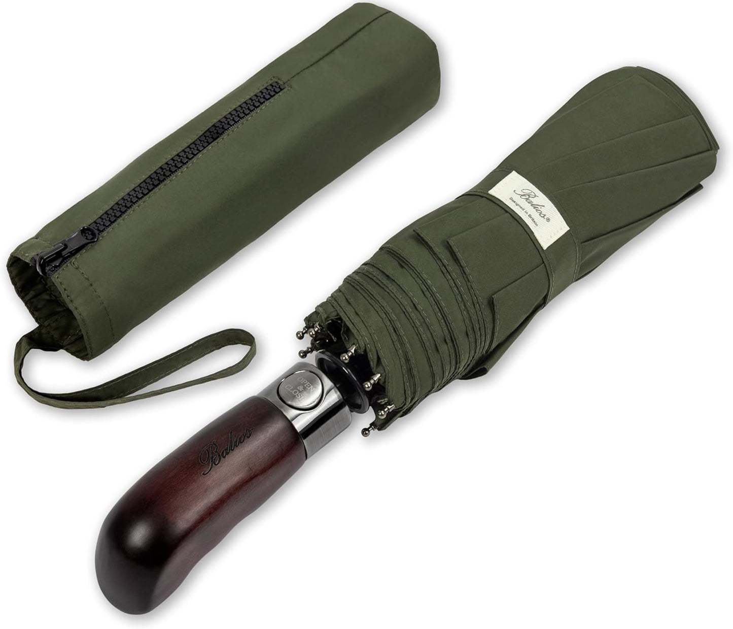 Balios Travel Folding Umbrella with Real Wood Handle Auto Open Close Vented Windproof Canopy - Designed in UK