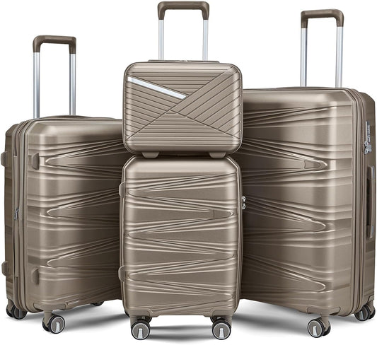 Campfun Luggage 4 Piece Sets, Expandable Carry On Luggage Set Hardshell PP, Suitcase Set with Double Spinner Wheels, Checked Durable Lightweight with TSA Lock, 14in 20in 24in 28in-Champagne(C)
