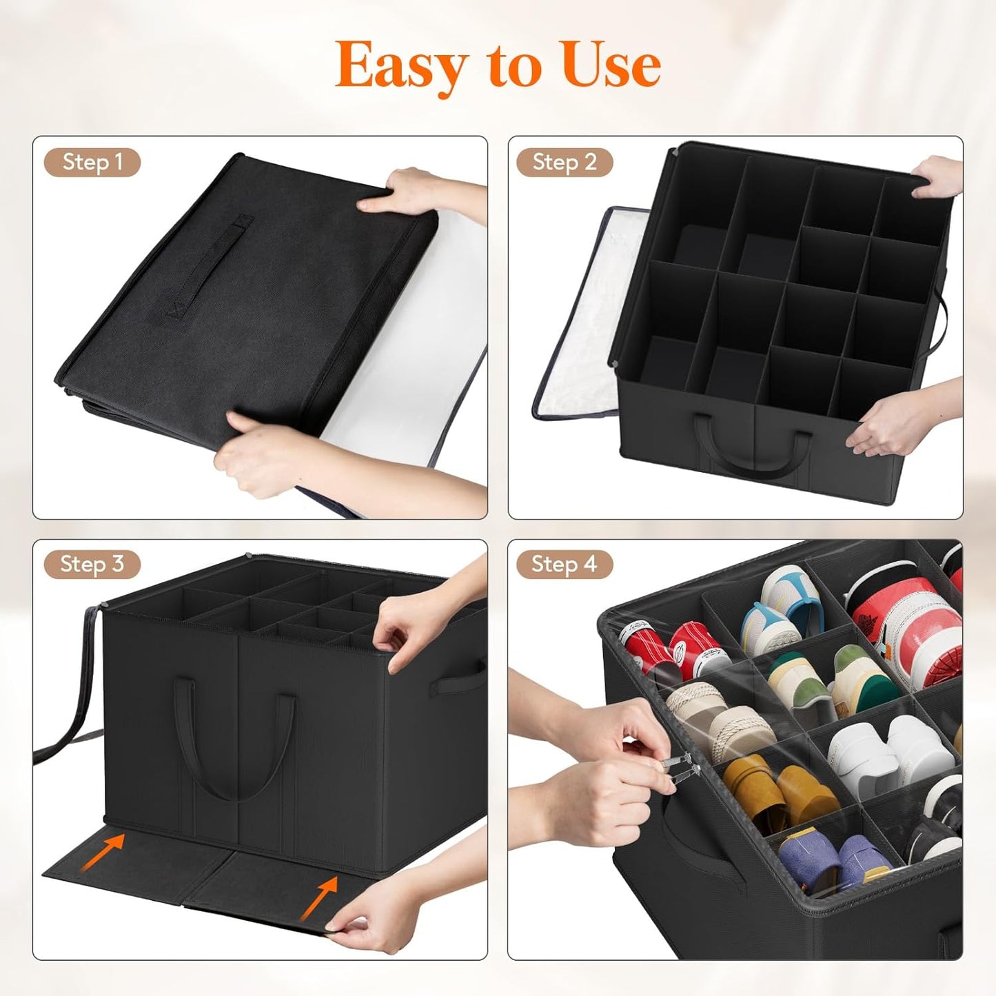 Lifewit Shoe Storage Organizer for Closet, Fits 12-16 Pairs, Large Shoe Box Storage Containers with Clear Cover and Reinforced Handles, Foldable Storage Bins Fit for Boots Heels Sneakers, 3 Pack Black