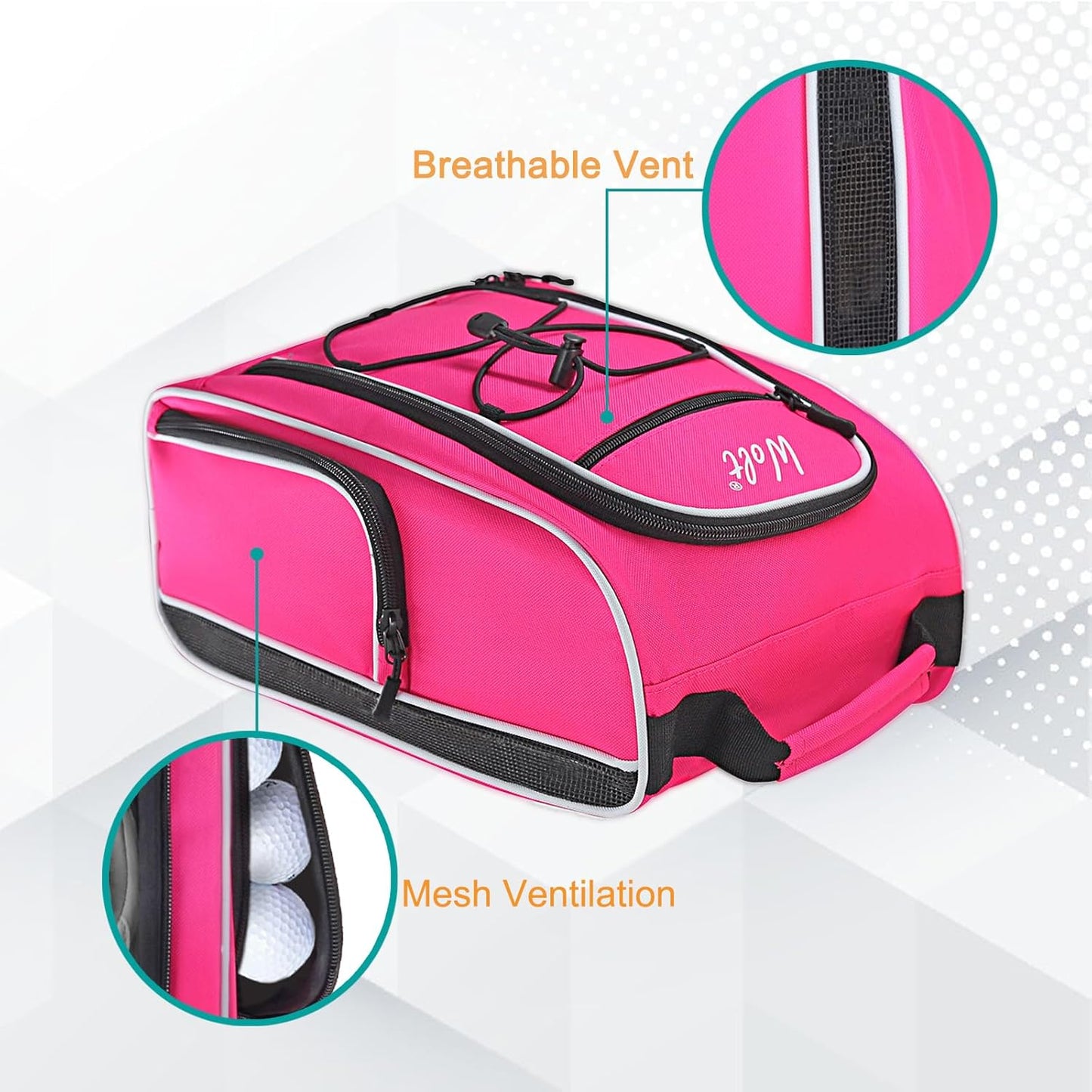 Wolt Golf Shoe Bag - Sports & Travel Shoes Carrier Bags with Ventilation & Double Outside Accessory Pocket for Socks, Tees, Golf Balls, etc. for women and men (Pink)