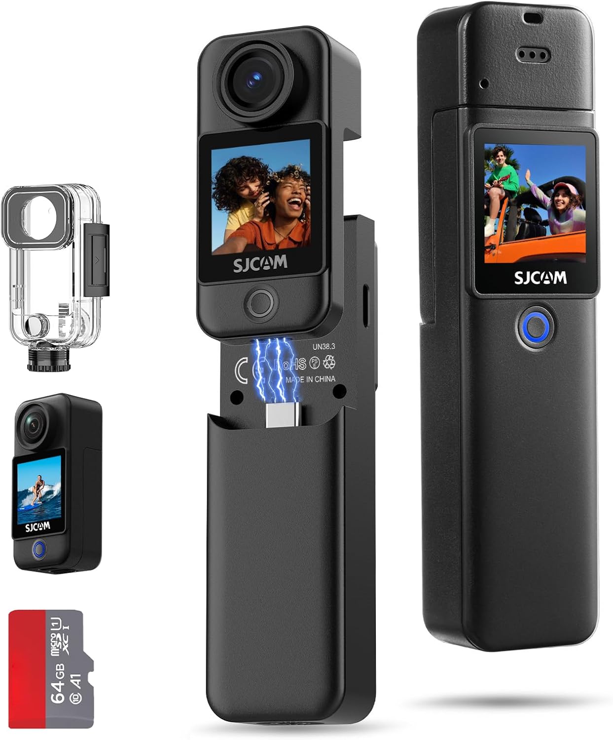 SJCAM C300 Pocket Action Camera 4K,7Hour Power, 6-Axis Stabilization, Dual-Touch Screen Body Camera,30M Waterproof,Vlogging and YouTube Live Streaming,with Accessories Kits,Black,Gifts with 64G Card