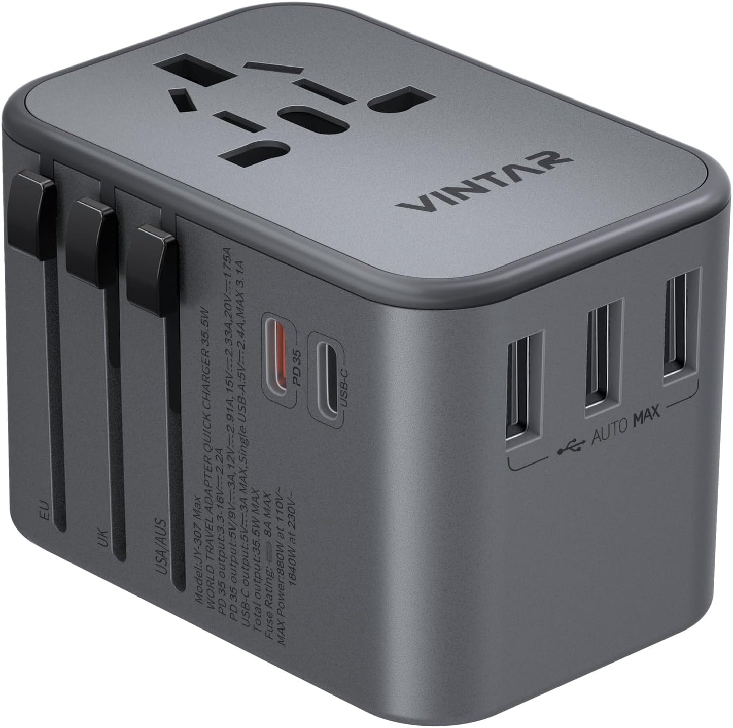 Universal Travel Adapter, VINTAR 35.5W International Power Adapter with 3 USB A QC and 2 USB C PD, All in One Plug Adapter Worldwide Travel Essentials for EU/UK/USA/AUS(Type C/G/A/I), Silver
