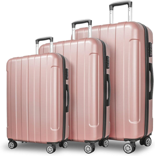 FOCHIER F Luggage Sets, Expandable 3 piece Hard Shell Luggage Set with TSA Lock, PC+ABS Hardside Travel Suitcase with Wheels for Women Men 20 24 28 Inch (Rose Gold)