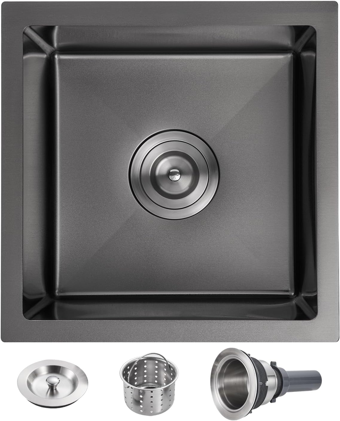 POPFLY 15 Inch Bar Sink, Black Small 15×15 Inch Undermount Kitchen Bar Prep Sink, Stainless Steel Single Bowl 18 Gauge Handmade 8 inch Deep Rv Sink