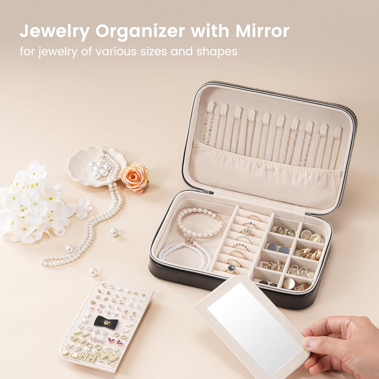 Lolalet Travel Jewelry Case for Women, Travel Jewelry Organizer Box with Mirror & Clear Storage Bag, Small Portable Traveling Earring Necklace Bracelet Ring Case, Bridesmaid Gifts -Medium, Black