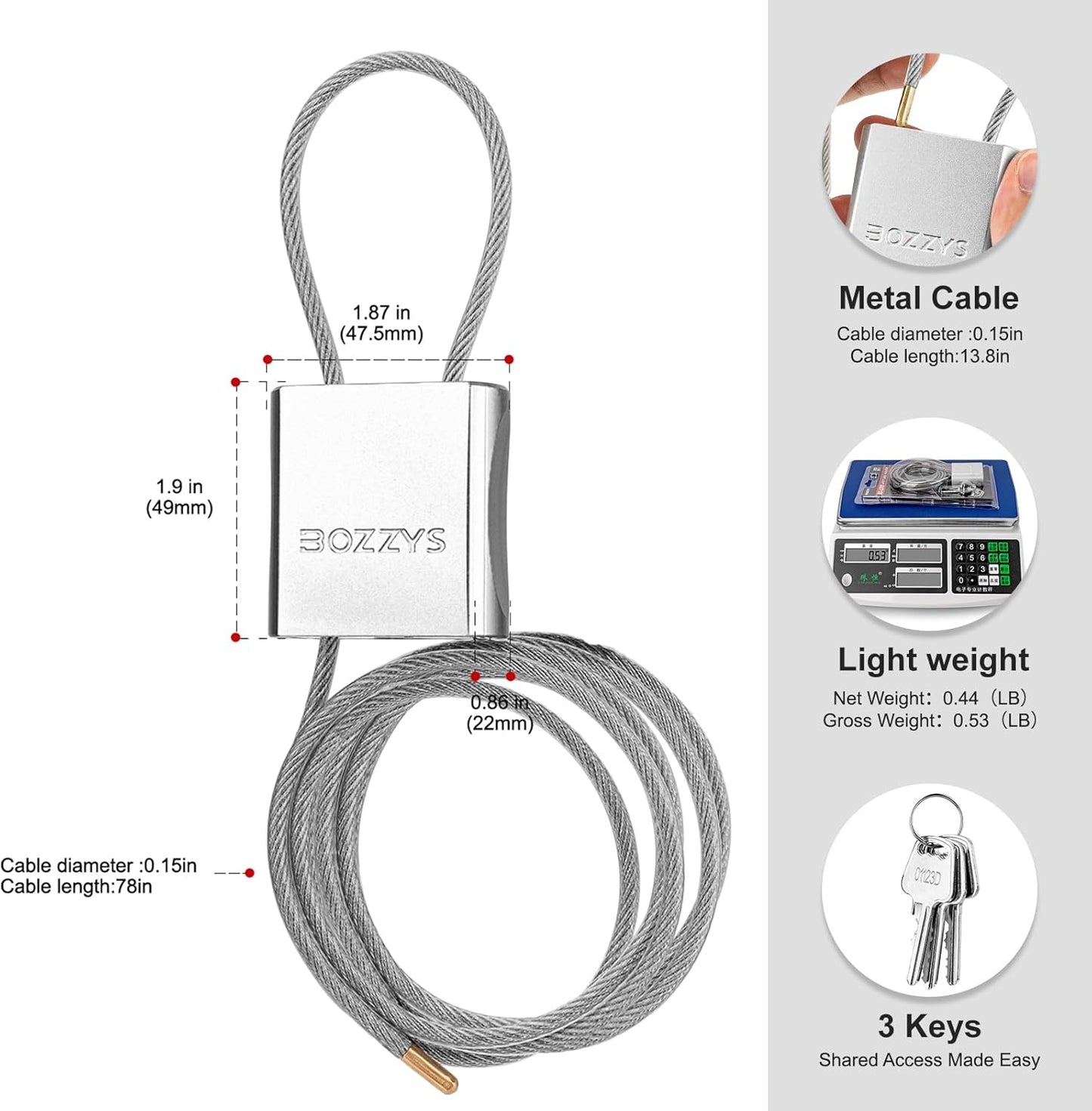 Adjustable Cable Locks with 3 Keys | 6.56ft L x 1/6in D Aluminum Steel Cable Padlock for Bikes, Gate, Lockers & Outdoor Gear | Keyed Different & Silver