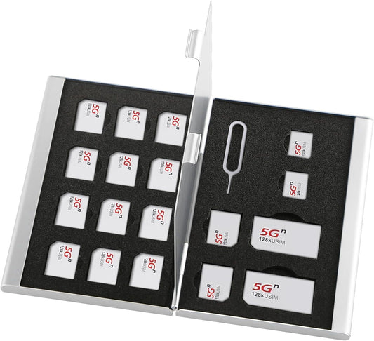 Aluminum SIM Card Case, 19Slots Ultrathin SIM Card Holder, Fit for 2 SIM Card, 14 Micro sim Card, 2 Nano sim Card and 1 Cell Phone Eject Pin Slots, Silver