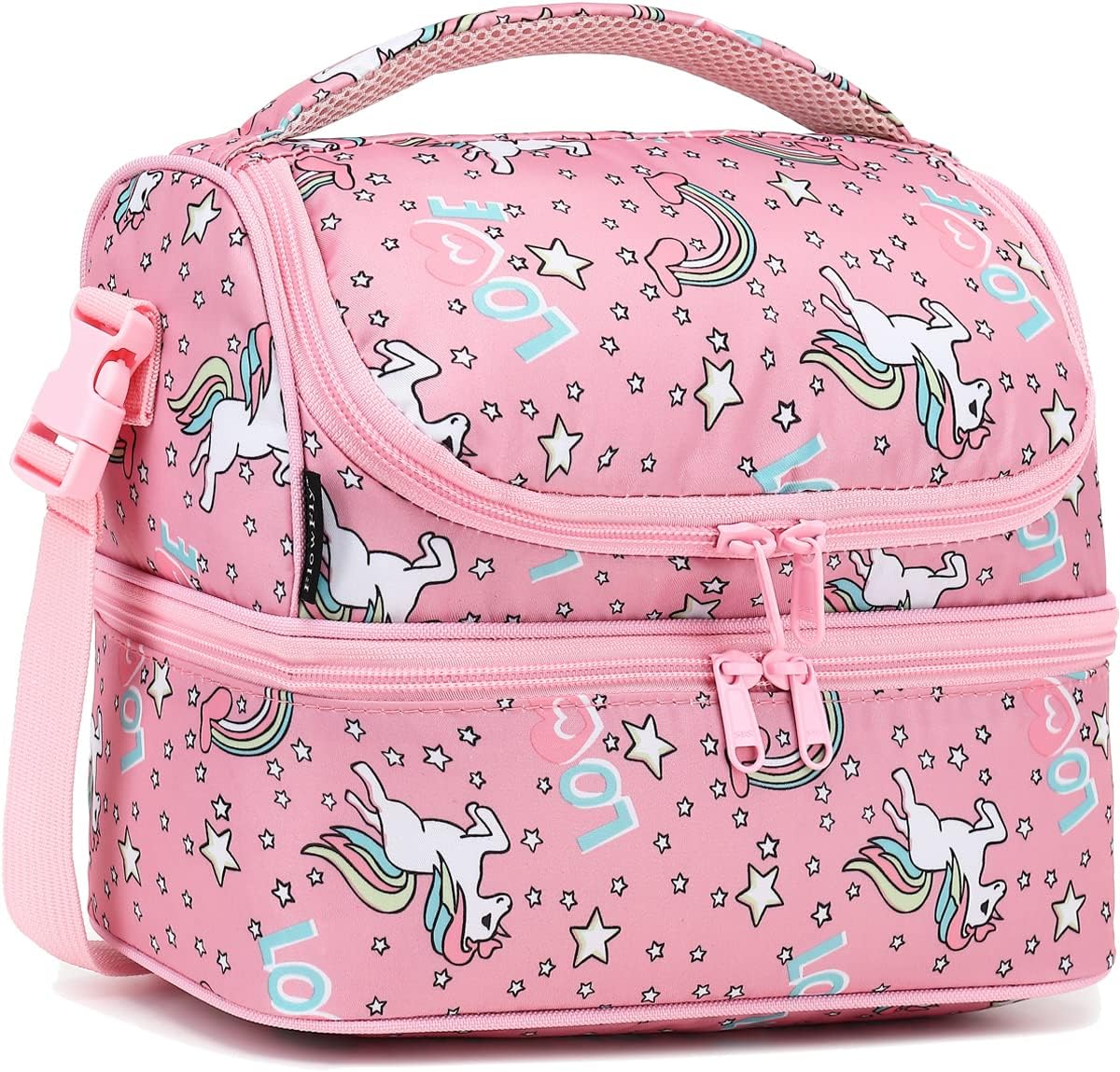 FlowFly Double Decker Cooler Insulated Lunch Bag Large Tote for Boys, Girls, Men, Women, With Adjustable Strap (Red-Unicorn)