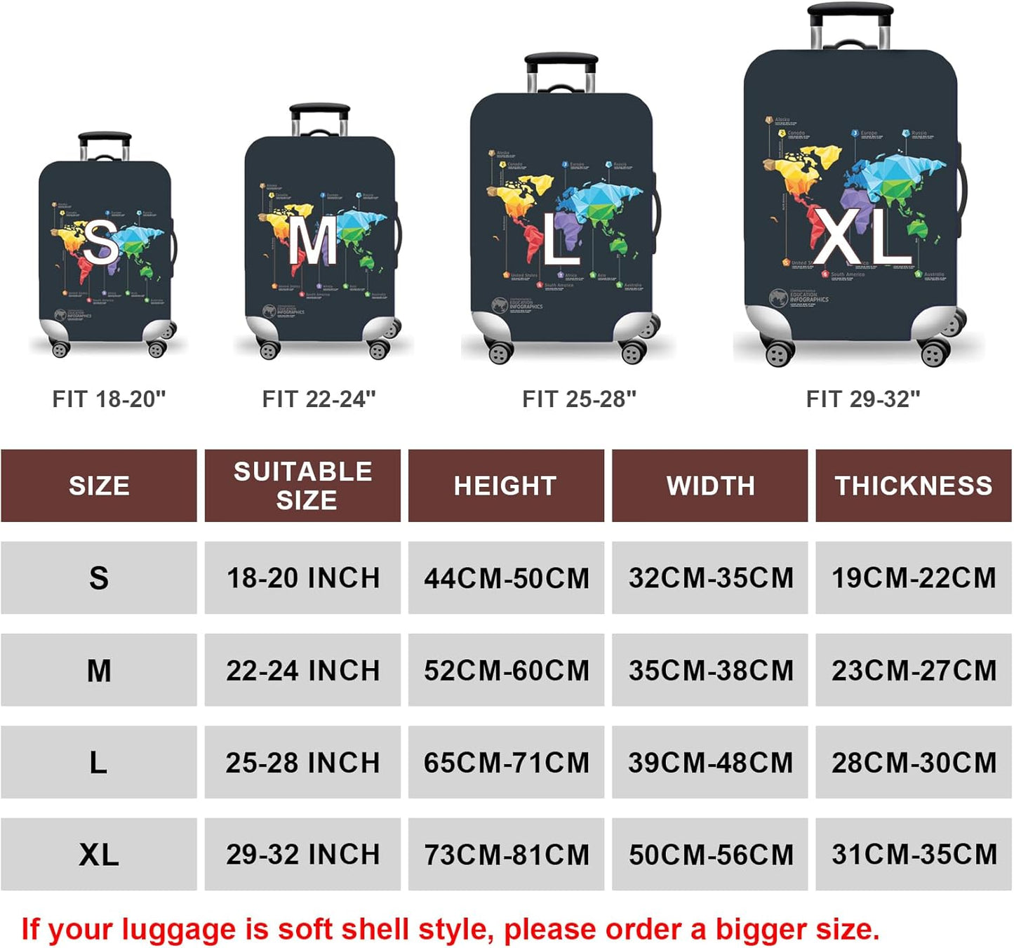 WUJIAONIAO Travel Luggage Cover Baggage Suitcase Cover Protector Skins 18-32 Inch (map, S (for 18-20 inch luggage))