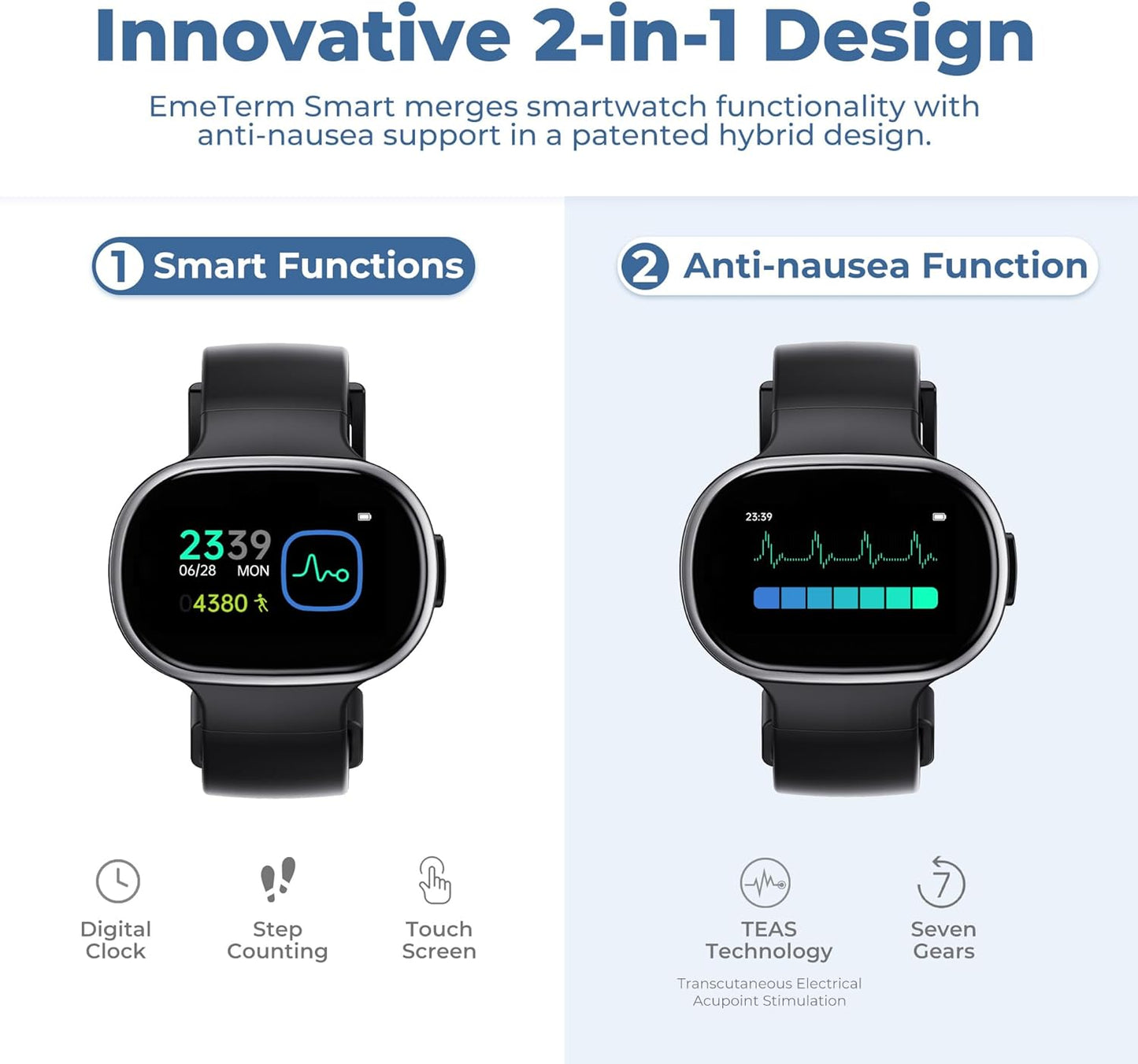 EmeTerm Smart FDA-Cleared Anti-Nausea Wristwatch Touchscreen IP67 Waterproof Morning Motion Sickness Relief Rechargeable Fast Acting Drug Free (2 Pack Black with Extra Gel)