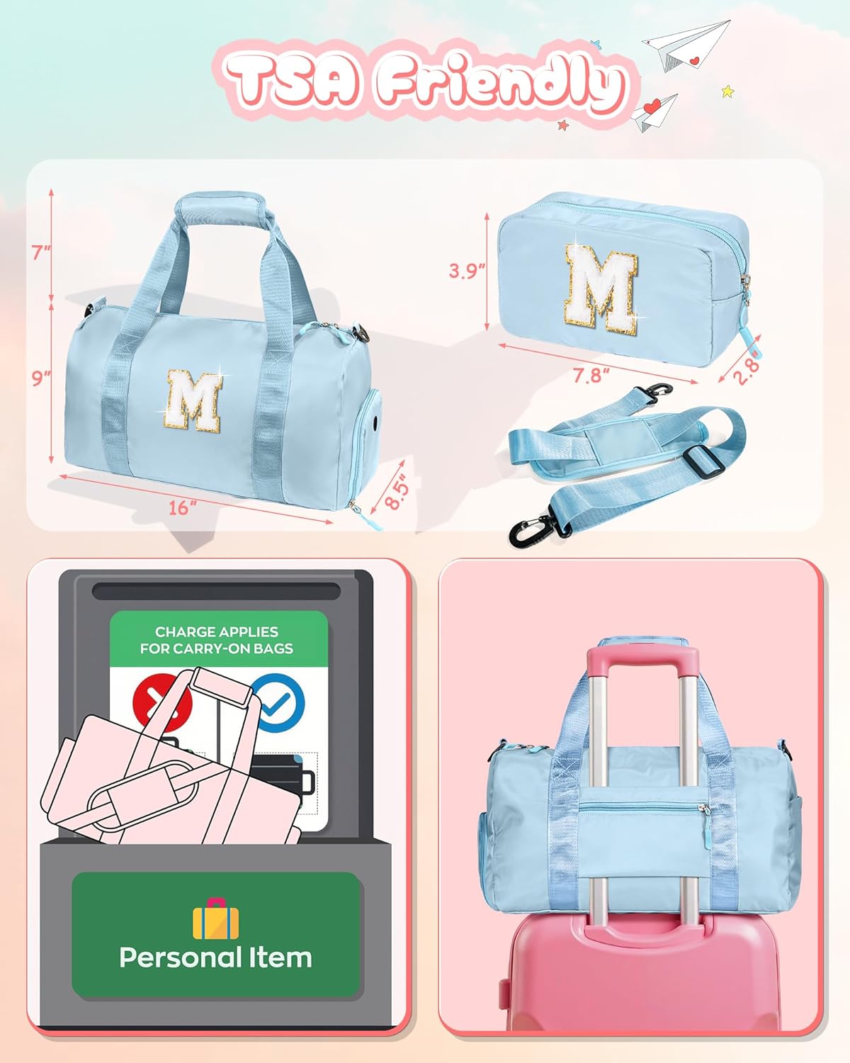Dorm Room Essentials for Girls-Girl Gym Bag with Shoe Compartment, Kid Personalized Weekender Overnight Bags, Initial Travel Tote with Makeup Pouch, Preppy Stuff Gifts for Kids (Letter F)