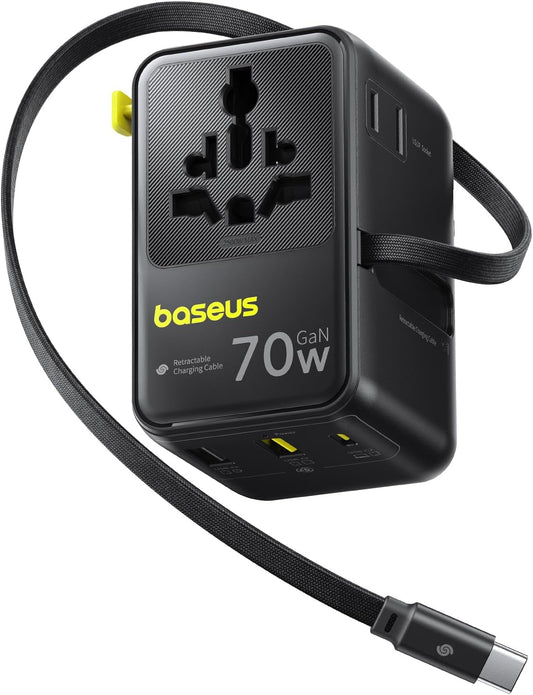 Baseus 70W Universal Travel Adapter with Retractable Cable, 6-in-1 International Plug Adapter, USB-C PD Fast Charging Worldwide Wall Charger for USA/EU/UK/AUS and Over 200 Countries - Enercore CG11