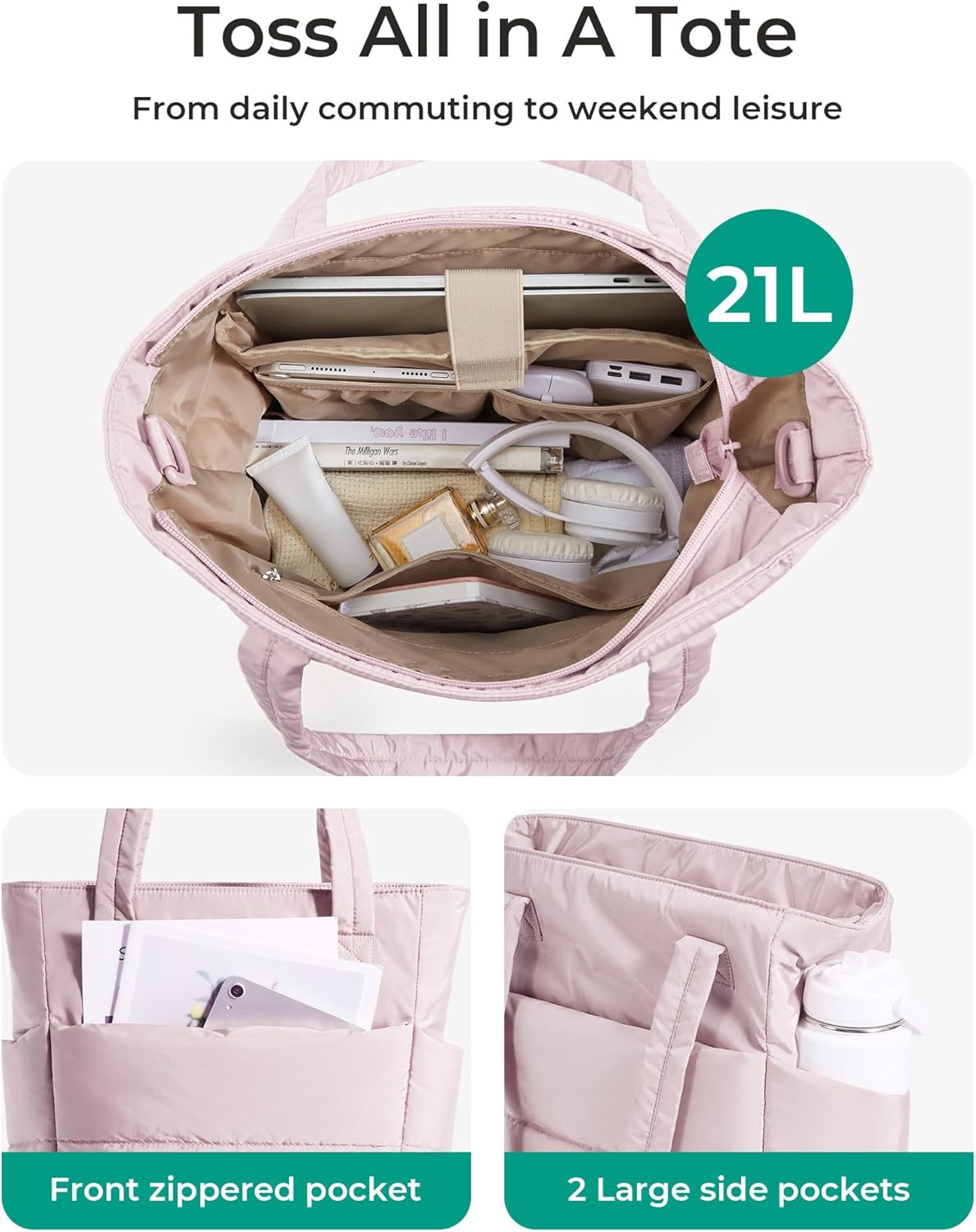 BAGSMART Tote Bag for Women, Lightweight Puffy Tote Bag with Compartments Shoulder Bag Handbag for Travel, Work, Gym,
