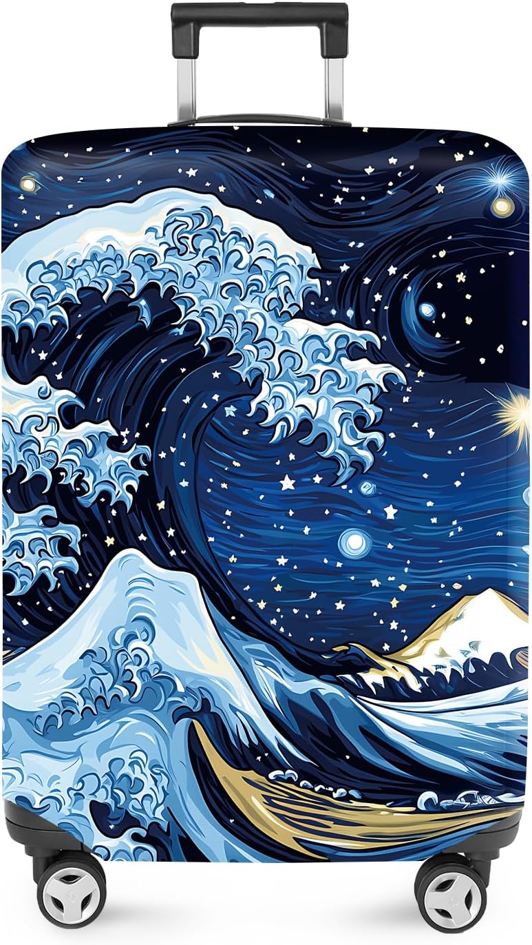 ANNA QUEEN Starry Ocean Wave Luggage Cover, Suitcase Protector with Artistic Van Gogh Style, Stretchable, Washable Travel Cover for 20-22 Inch Luggage