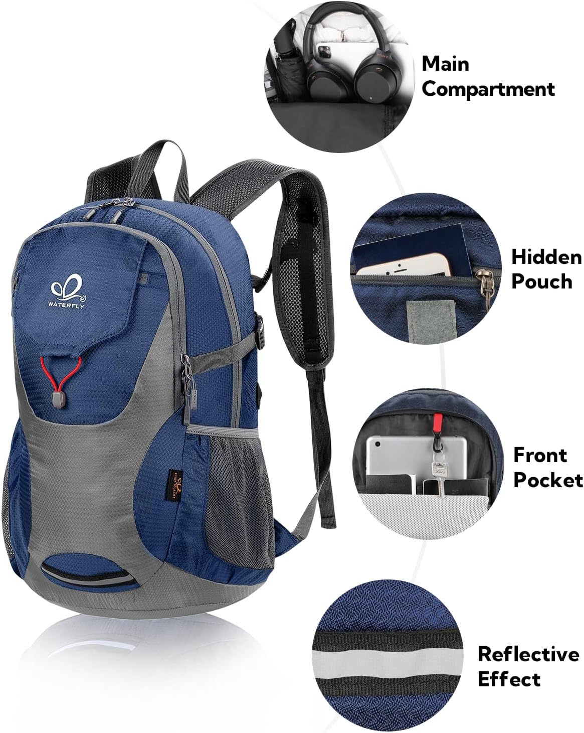 WATERFLY Lightweight Packable Hiking Backpack: 30L Foldable Travel Daypack Ultralight Camping Day Pack for Woman Man