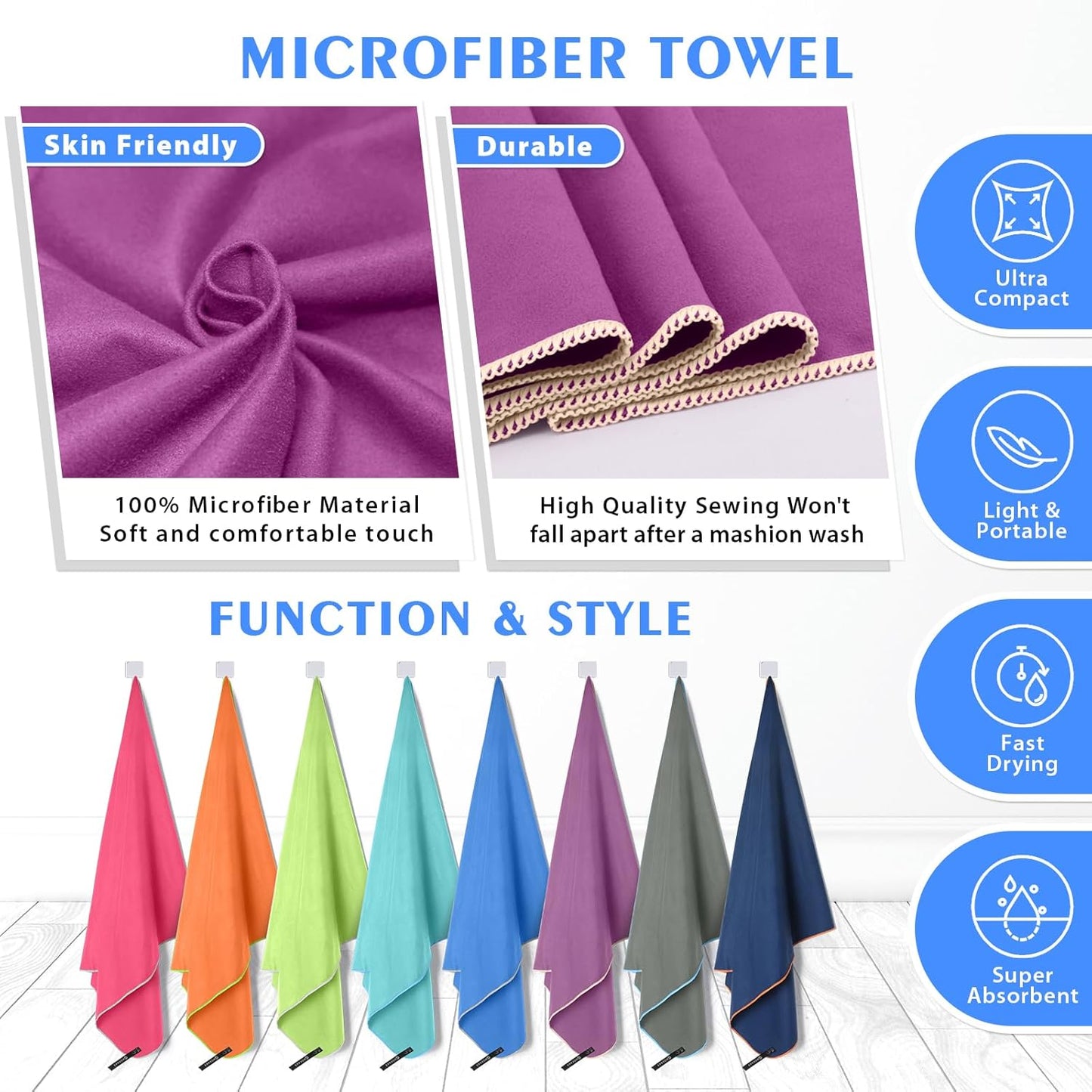 HOEAAS 2 Pack Microfiber Camping Towels, Quick Dry Towel, Super Absorbent Ultra Compact Travel Towel Soft Lightweight Sports Towel for Sweat Fast Drying Towels for Pool,Gym,Hiking,Backpacking,Fitness