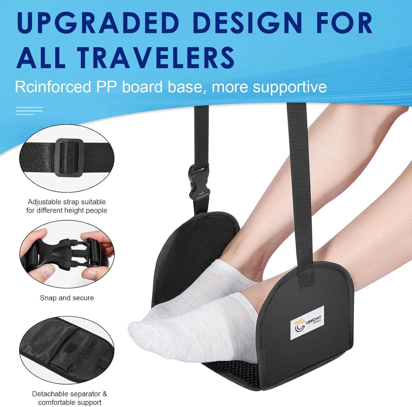 CERBONNY Airplane Foot Rest - Portable and Adjustable Foot Hammock, Travel Flight Essential for Relaxing Your Feet During Journeys (Non-Slip)