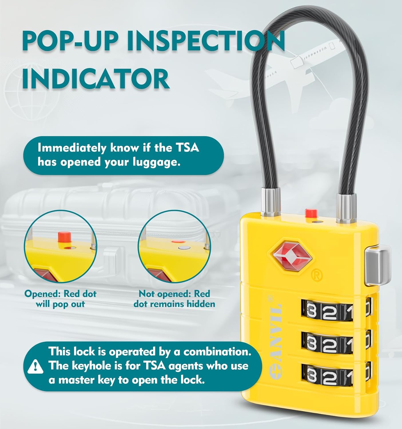 ANVIL TSA Approved Luggage Locks – High Security TSA008 Combination Travel Locks with Inspection Indicator for Suitcases and Backpacks. (3, Yellow)