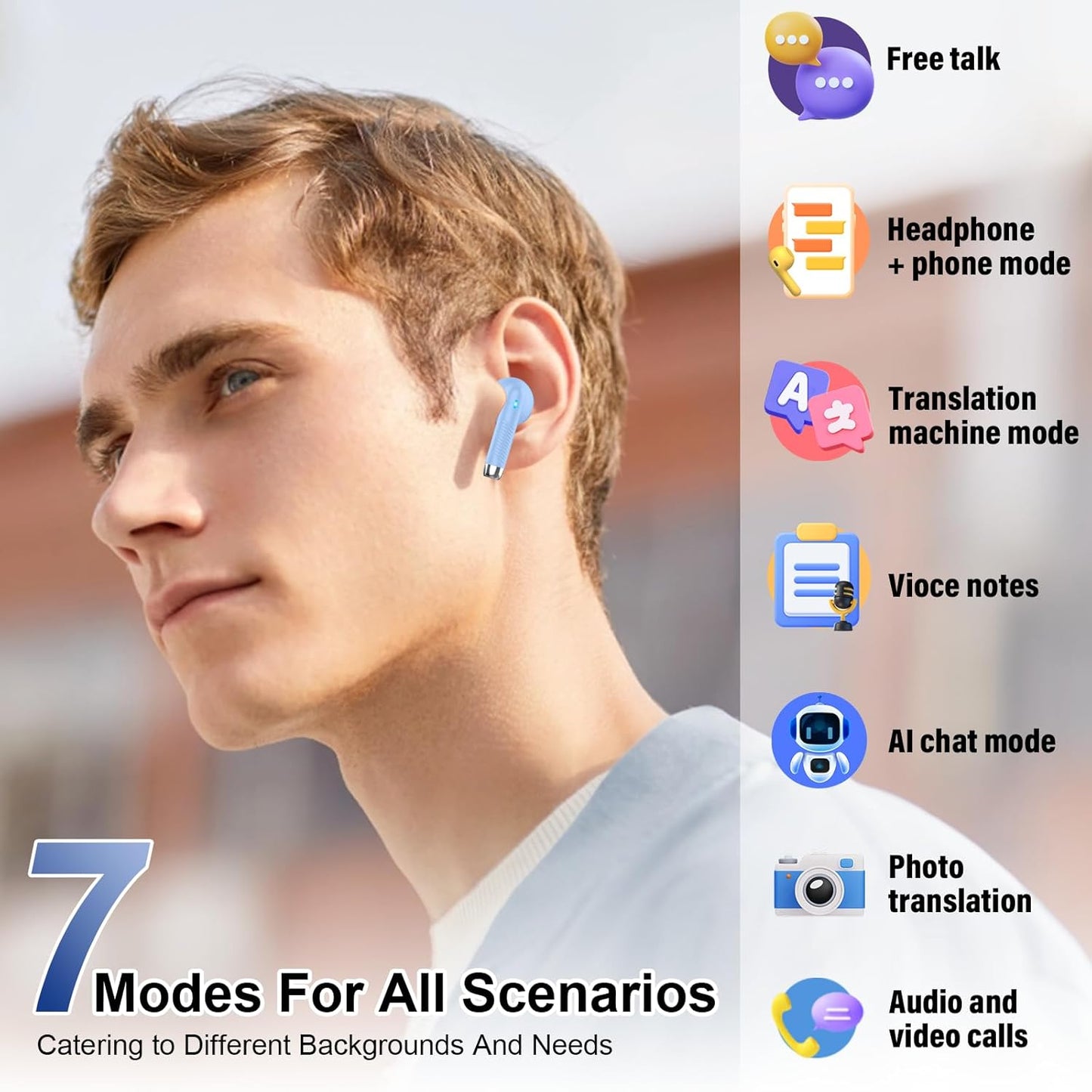 AI Translation Earbuds Real Time with Audio and Video Calls, 3-in-1 Language Translator Earbuds,164 Languages, 7 Translation Modes, 32H Buletooth 5.3 Headphones with Translating Device Blue