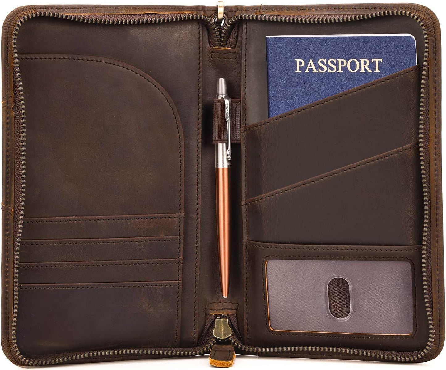 Polare Full Grain Leather Passport Holder With YKK Zipper RFID Blocking Travel Document Organizer Ticket Holder Cover Case Holds 2 Passports (Dark Brown)