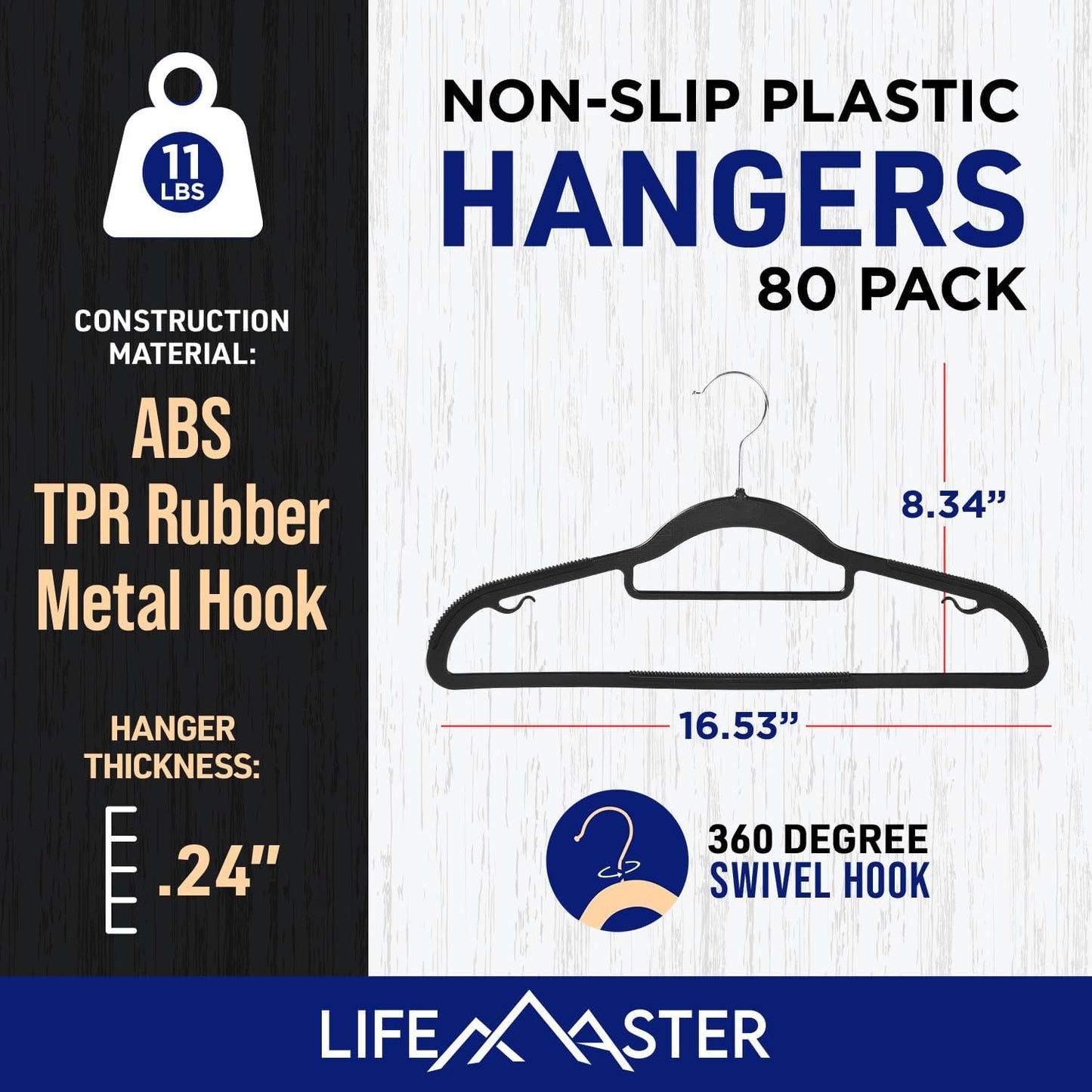 Lifemaster Versatile Clothes Hanger Set - 80 Pieces Space-Saving Dry and Wet Clothes Hanger Set with 360° Swivel Hook and Non-Slip Rubber Design - Black