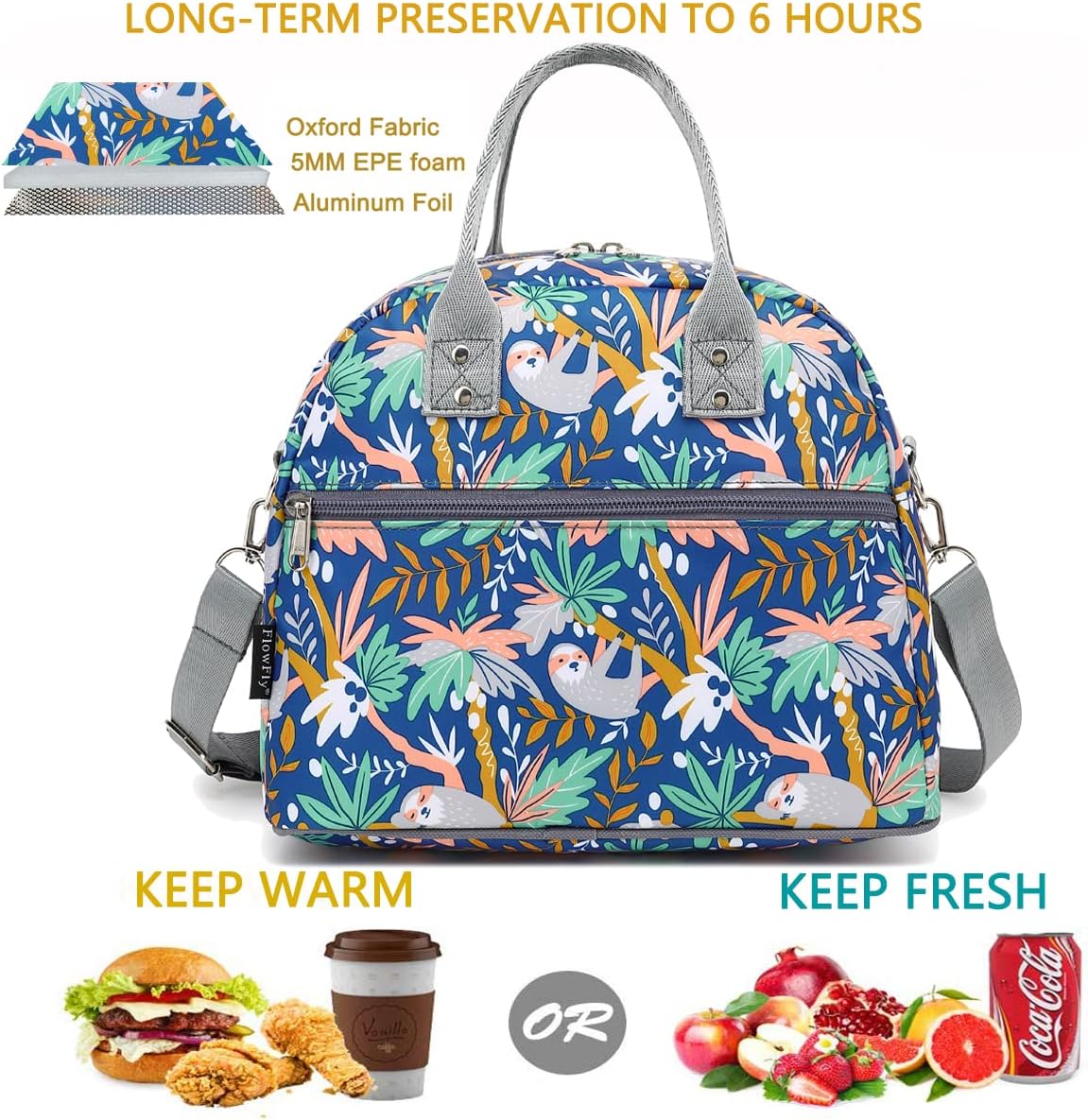 FlowFly Insulated Lunch Bag With Shoulder Strap for Women, Men, and Kids, Large and Reusable, Handle, Freezable Work and School Travel Tote and Meal Prep Organizer,Sloth