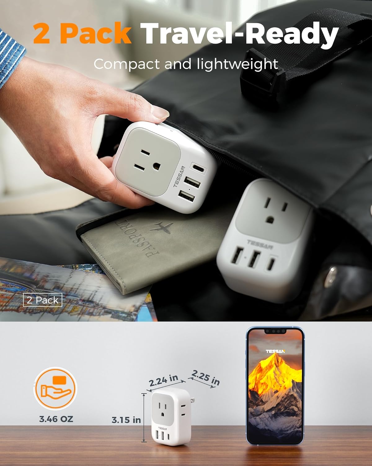 US to Japan Plug Adapter 2 Pack, TESSAN 2 Prong to 3 Prong Outlet Adapter with 4 Outlets 3 USB (1 USB-C), Outlet Adaptor US to Japan China Mexico Philippines Canada Peru Thailand Vietnam