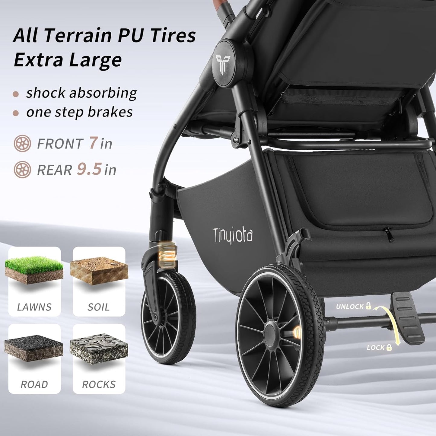 Tinyiota Baby Stroller, Infant Stroller with Large UPF 50+ Canopy,Luxury Pram Strollers with Leather Handle & Spacious Seat, One-Hand Foldable Pushchair, Toddler Carriage with Lie-Flat Mode(Black)