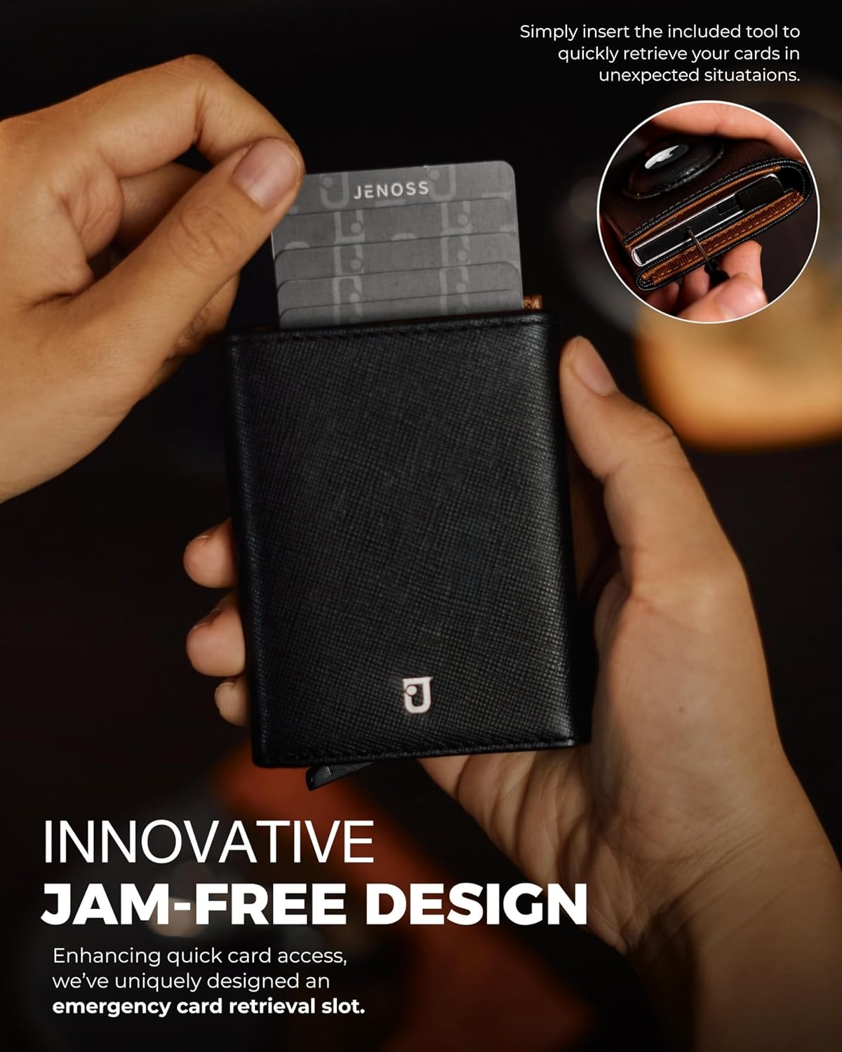 Jenoss Smart AirTag Wallet for Men: Full Grain Leather, Handcrafted, Black Pop Up Case, Slim, RFID Blocking Credit Card Holder Compact, 12 Slot Organizers ID Cash Apple Air Tag Tracker (Black & Brown)