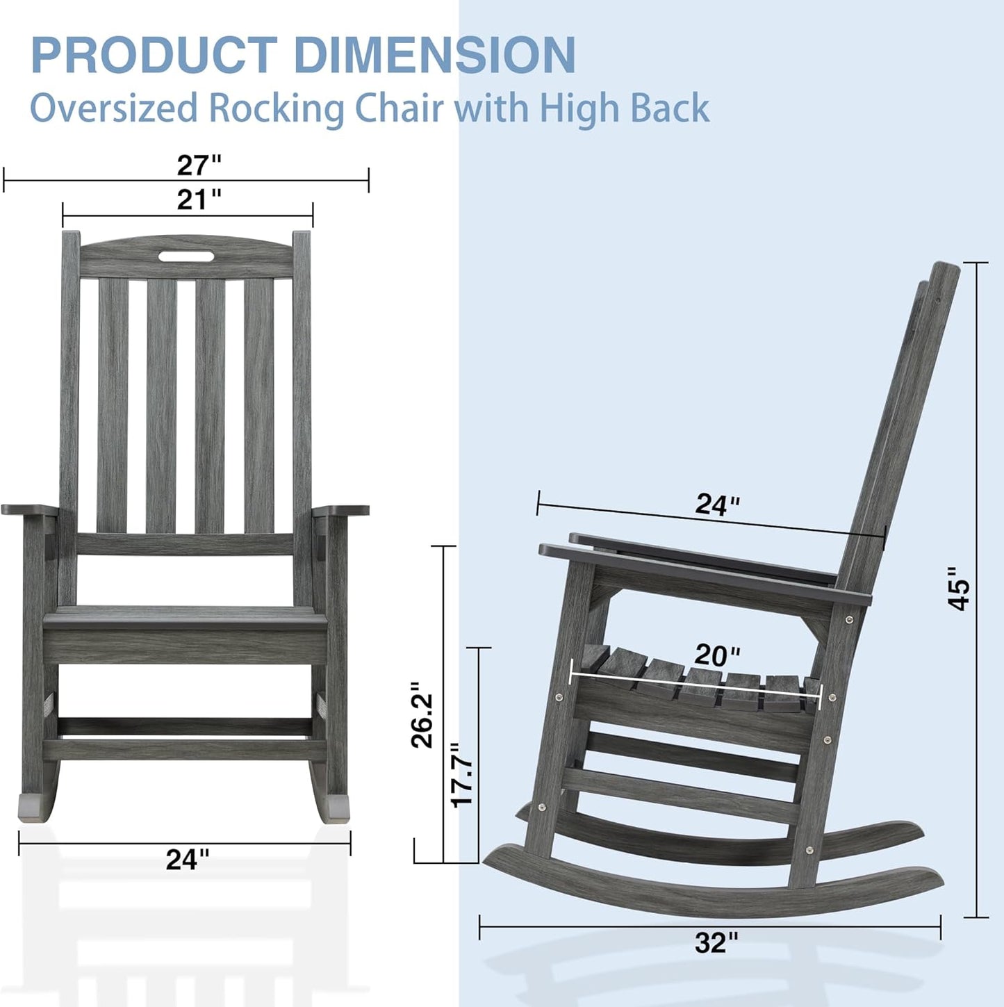 Psilvam Outdoor Rocking Chair, Poly Lumber Oversized Rocking Chair with 21" Wide Seat and 32" Tall Backrest, Pre-Assembled with Most Components for Effortless Installation(Dark Gray)