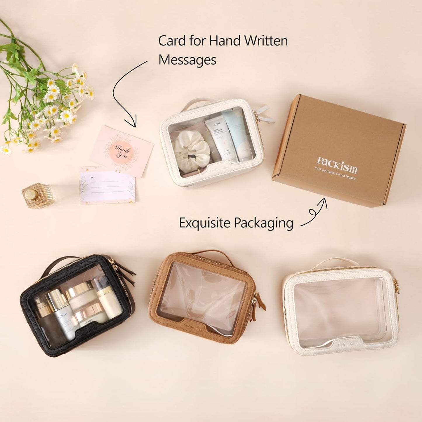 PACKISM Large Clear Makeup Bag - Pebbled Texture & Hard PU Leather Car Bag Organizer for Car Essentials, with Message Card Travel Cosmetic Bag for Women Gift (Cream Large)