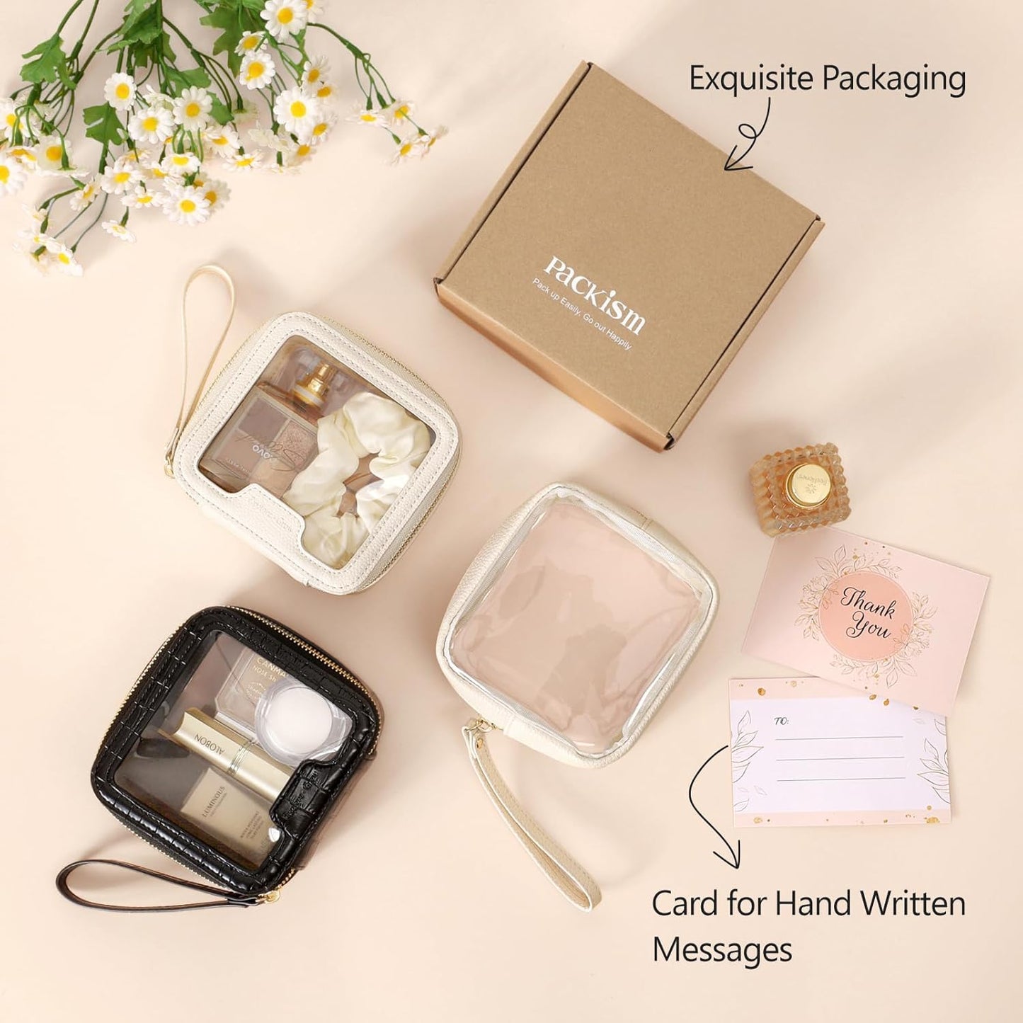 PACKISM Small Clear Makeup Bag - Pebbled Texture & Hard PU Leather Mini Makeup Bag for Purse, Cosmetic Travel Bag Car Bag for Essentials for Women Gift Daily Use (Cream Mini)