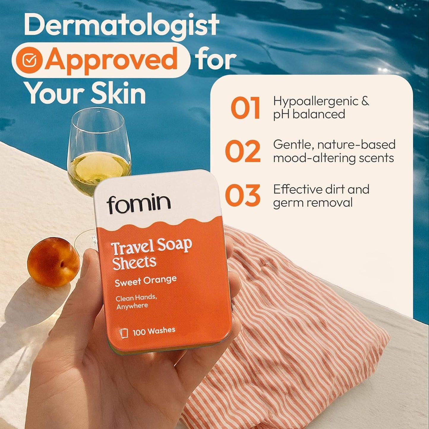 FOMIN - Antibacterial Paper Soap Sheets Tin for Traveling - (300 Sheets) Orange - Portable Travel Hand Soap Sheet, Dissolvable Mini Camping Hand Soap for Hand Washing