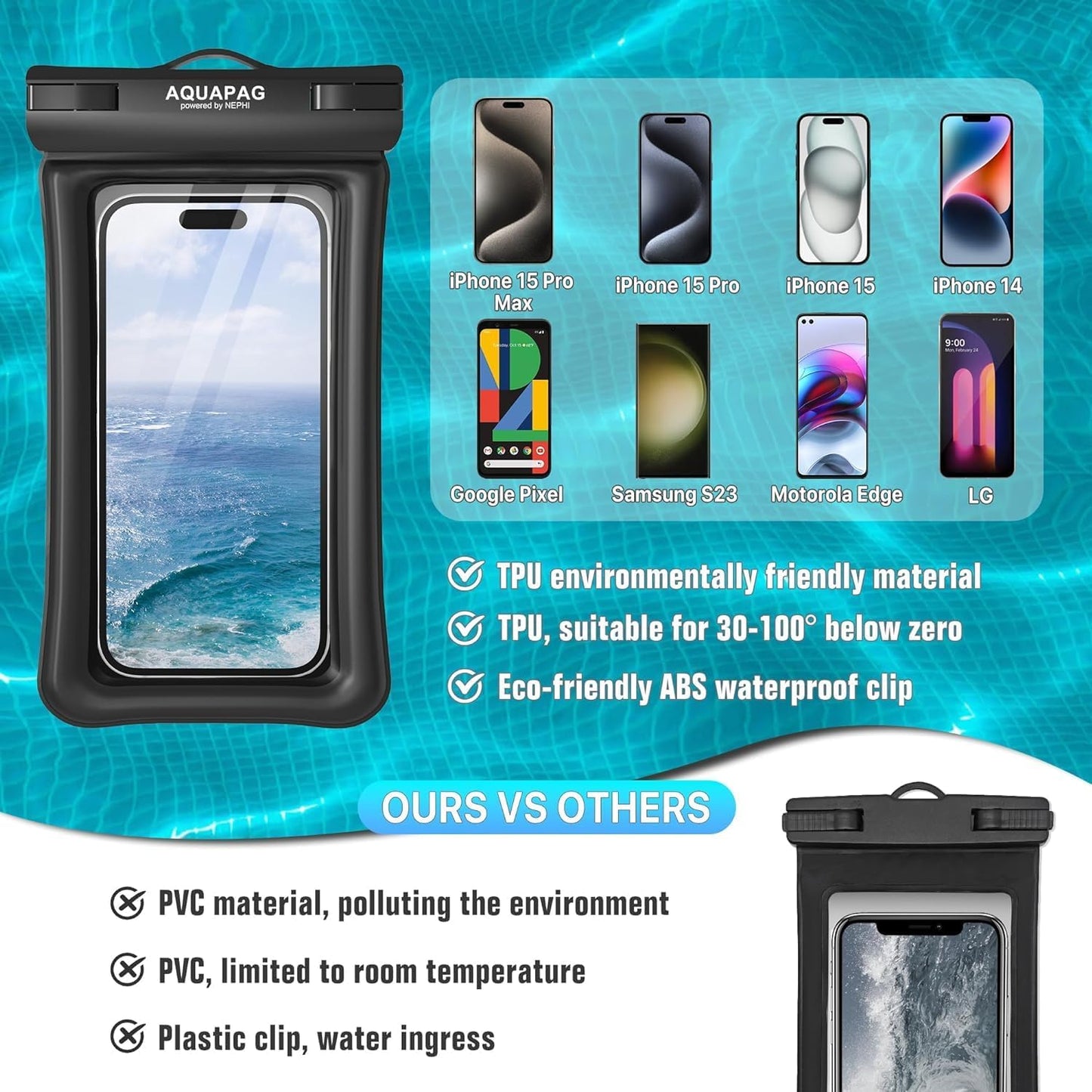 NEPHI IPX8 Floating Waterproof Phone Pouch 2 Pack-Up to 8.0"，Floating Phone Case for iPhone Andriod, Dry Bags for Vacation Beach Pool Kayak Cruise Travel Essentials (Black Black 2 Pack)