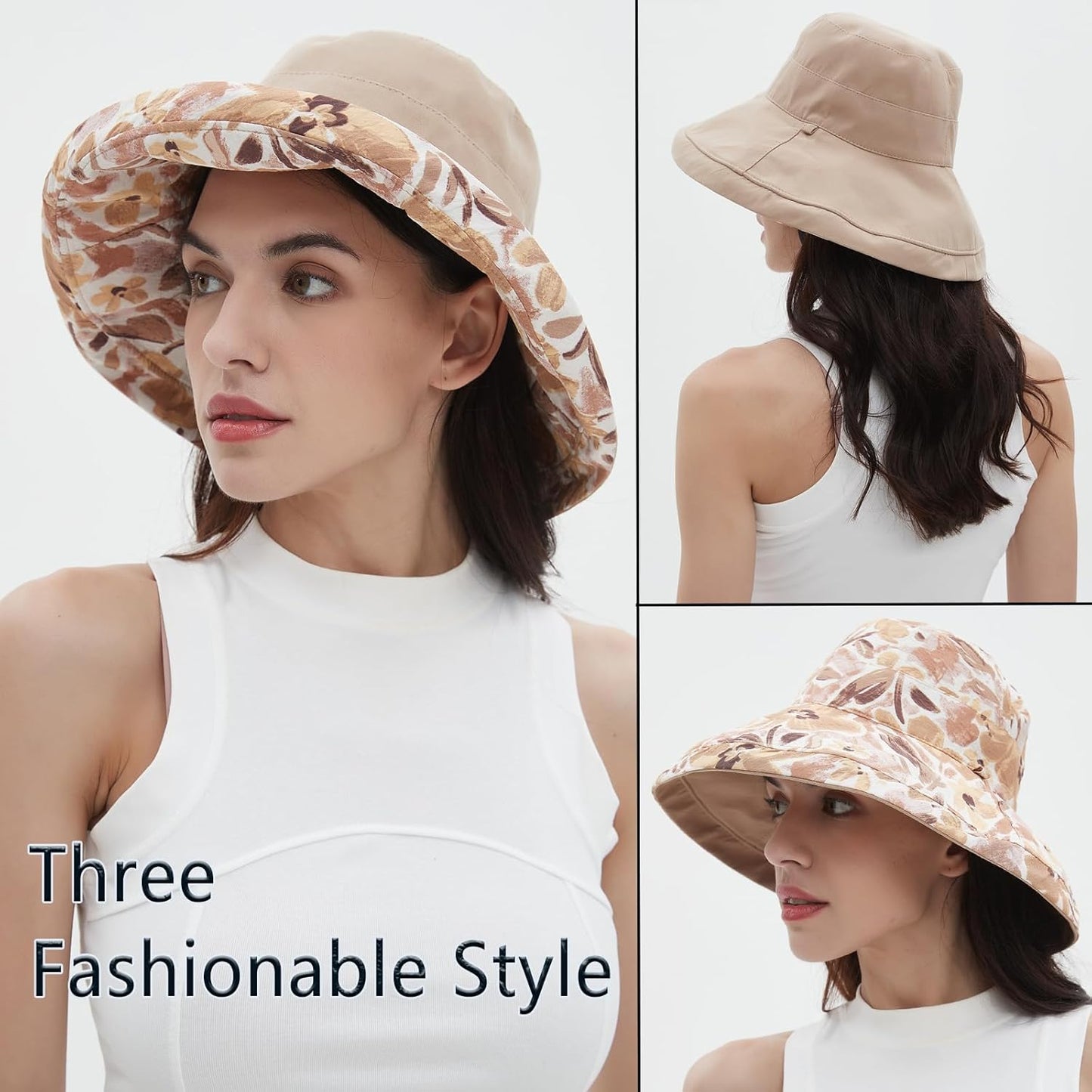 vidsel Womens Sun Hats Wide Brim Reversible Bucket Cotton Hat Packable Summer Travel Cap with Hat Clip,UV Protection